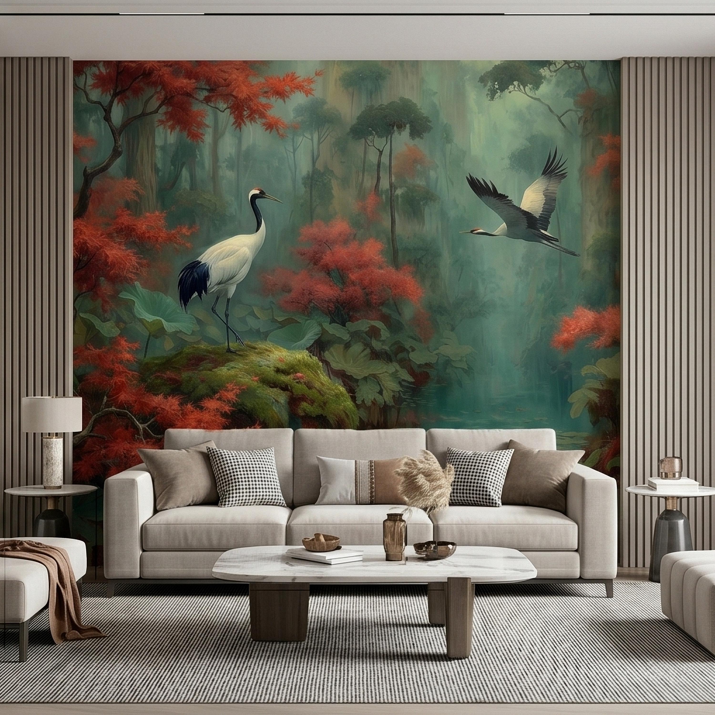 Japanese Crane Pond Peel and Stick Wall Mural, Misty Forest with Red Maple Leaves and Water Lilies, Teal Green Vintage Oriental Wallpaper