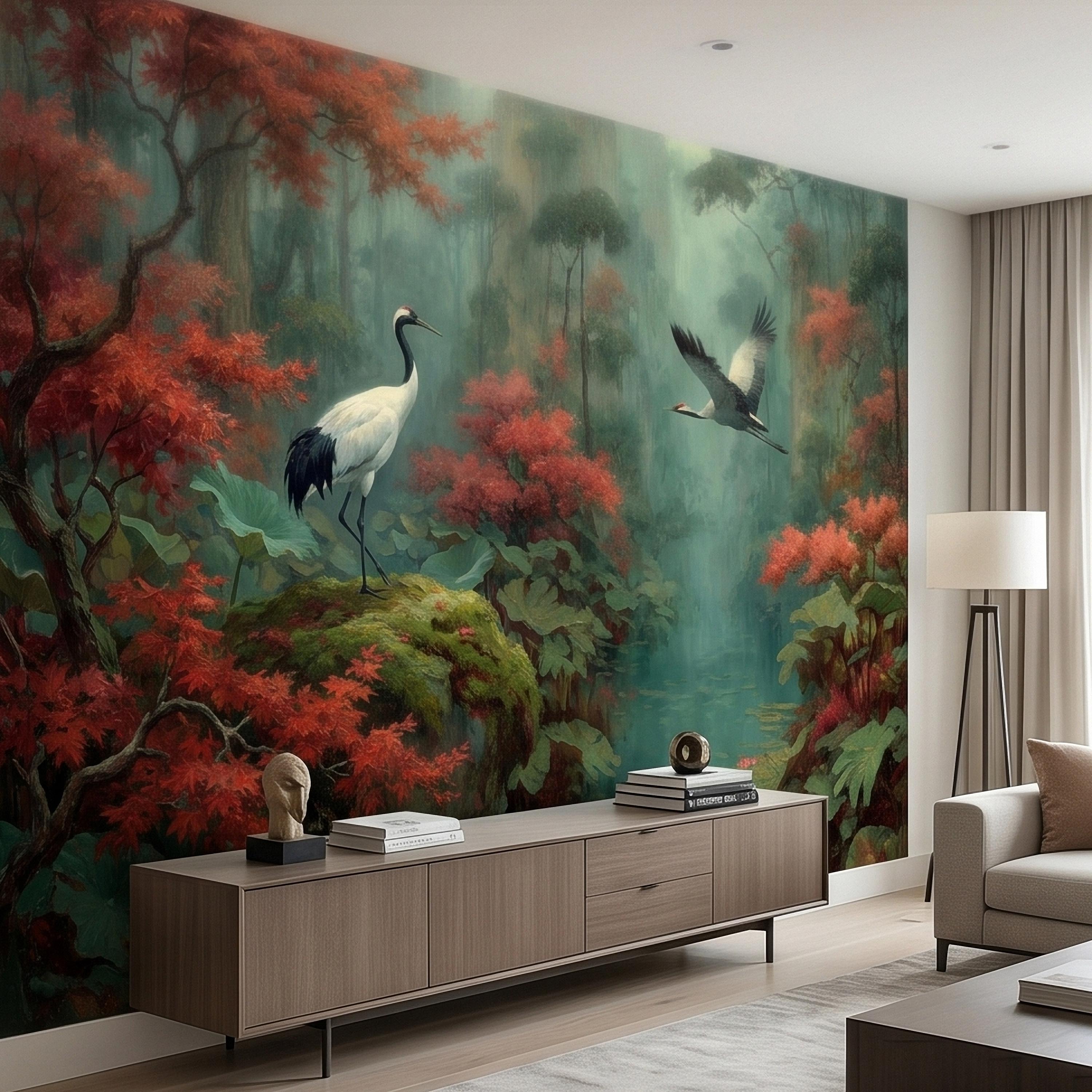 Japanese Crane Pond Peel and Stick Wall Mural, Misty Forest with Red Maple Leaves and Water Lilies, Teal Green Vintage Oriental Wallpaper