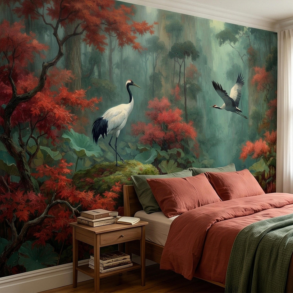 Japanese Crane Pond Peel and Stick Wall Mural, Misty Forest with Red Maple Leaves and Water Lilies, Teal Green Vintage Oriental Wallpaper