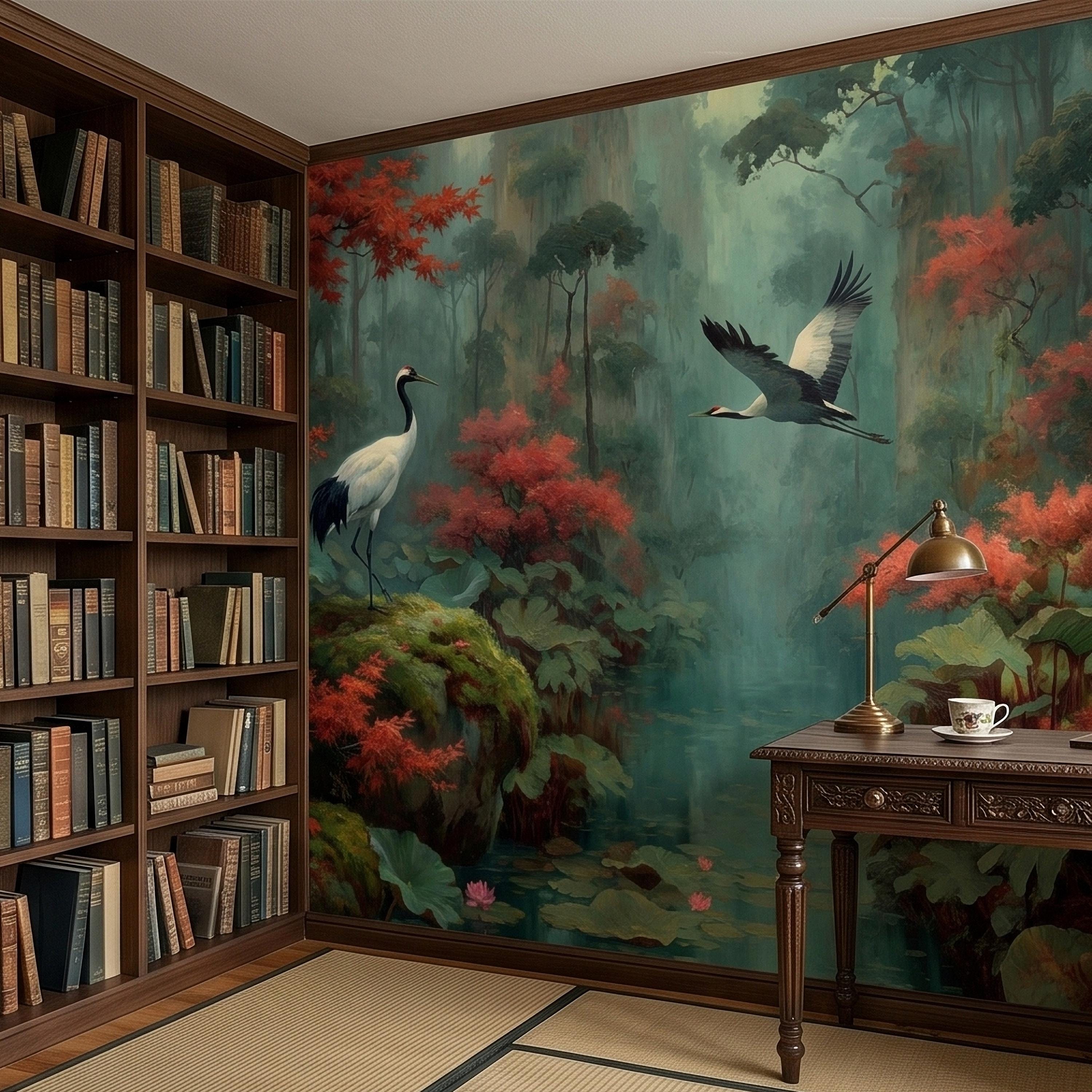 Japanese Crane Pond Peel and Stick Wall Mural, Misty Forest with Red Maple Leaves and Water Lilies, Teal Green Vintage Oriental Wallpaper