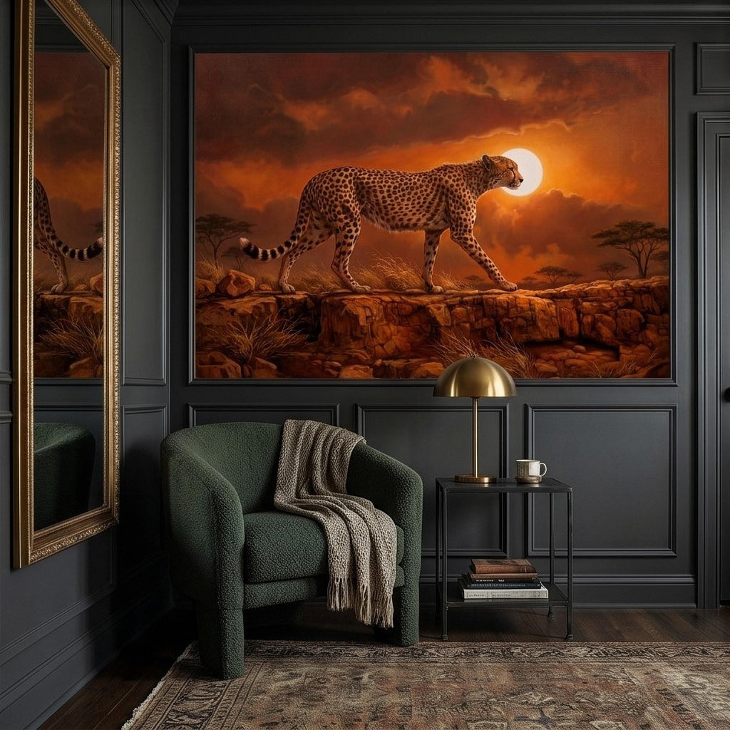 Cheetah Golden Sunset Safari Peel and Stick Wall Mural, African Savanna Landscape, Big Cat Wildlife, Acacia Trees, Warm Desert Sky Wallpaper