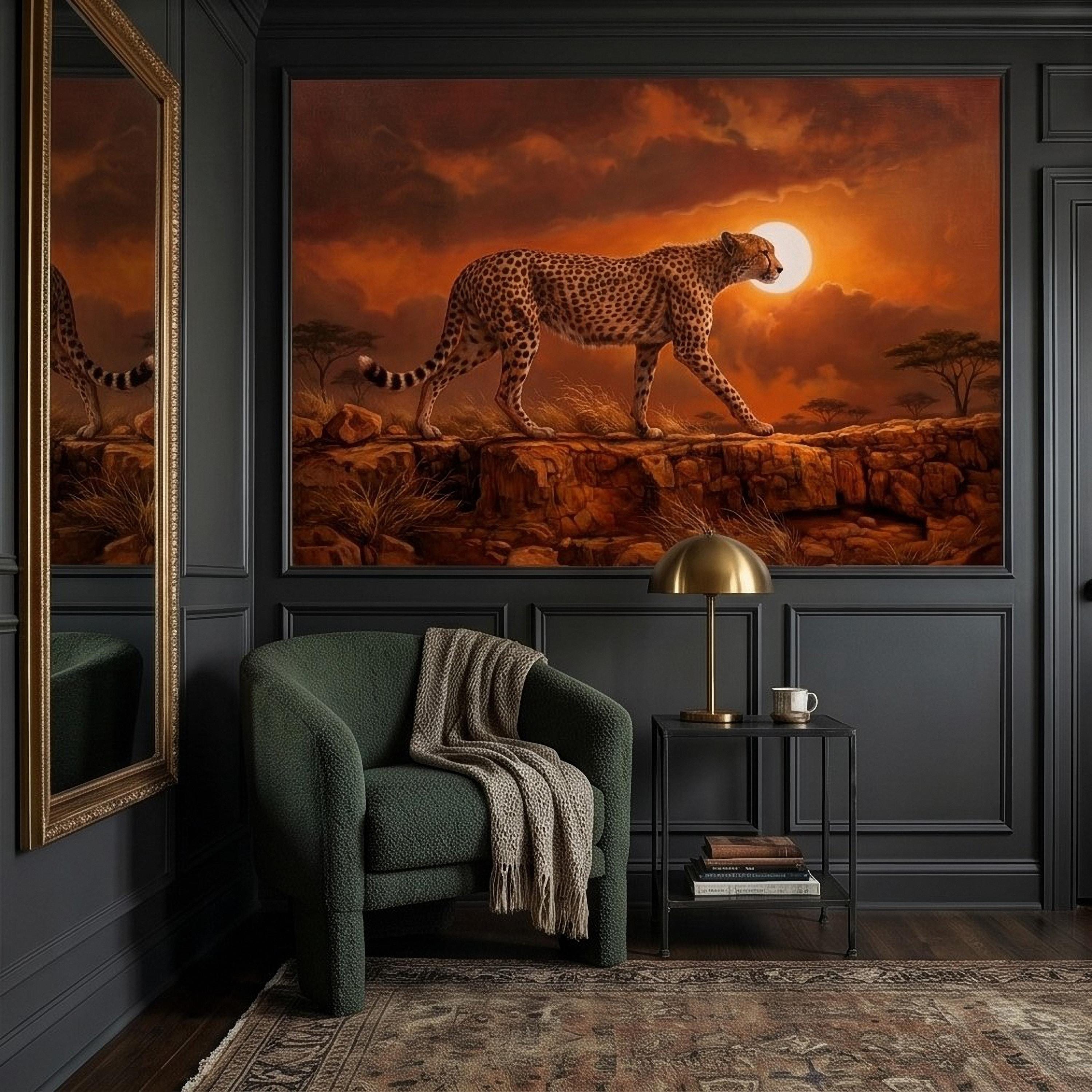 Cheetah Golden Sunset Safari Peel and Stick Wall Mural, African Savanna Landscape, Big Cat Wildlife, Acacia Trees, Warm Desert Sky Wallpaper