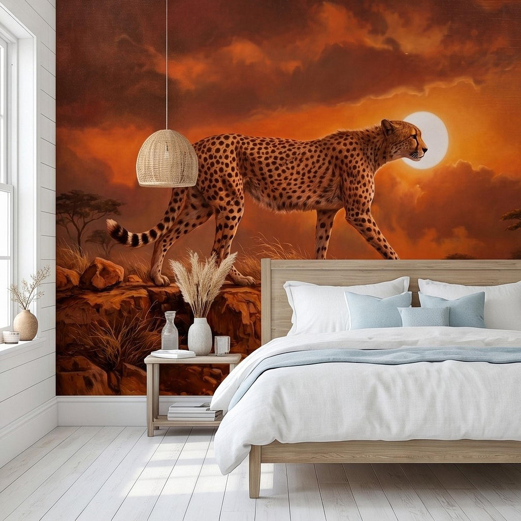 Cheetah Golden Sunset Safari Peel and Stick Wall Mural, African Savanna Landscape, Big Cat Wildlife, Acacia Trees, Warm Desert Sky Wallpaper