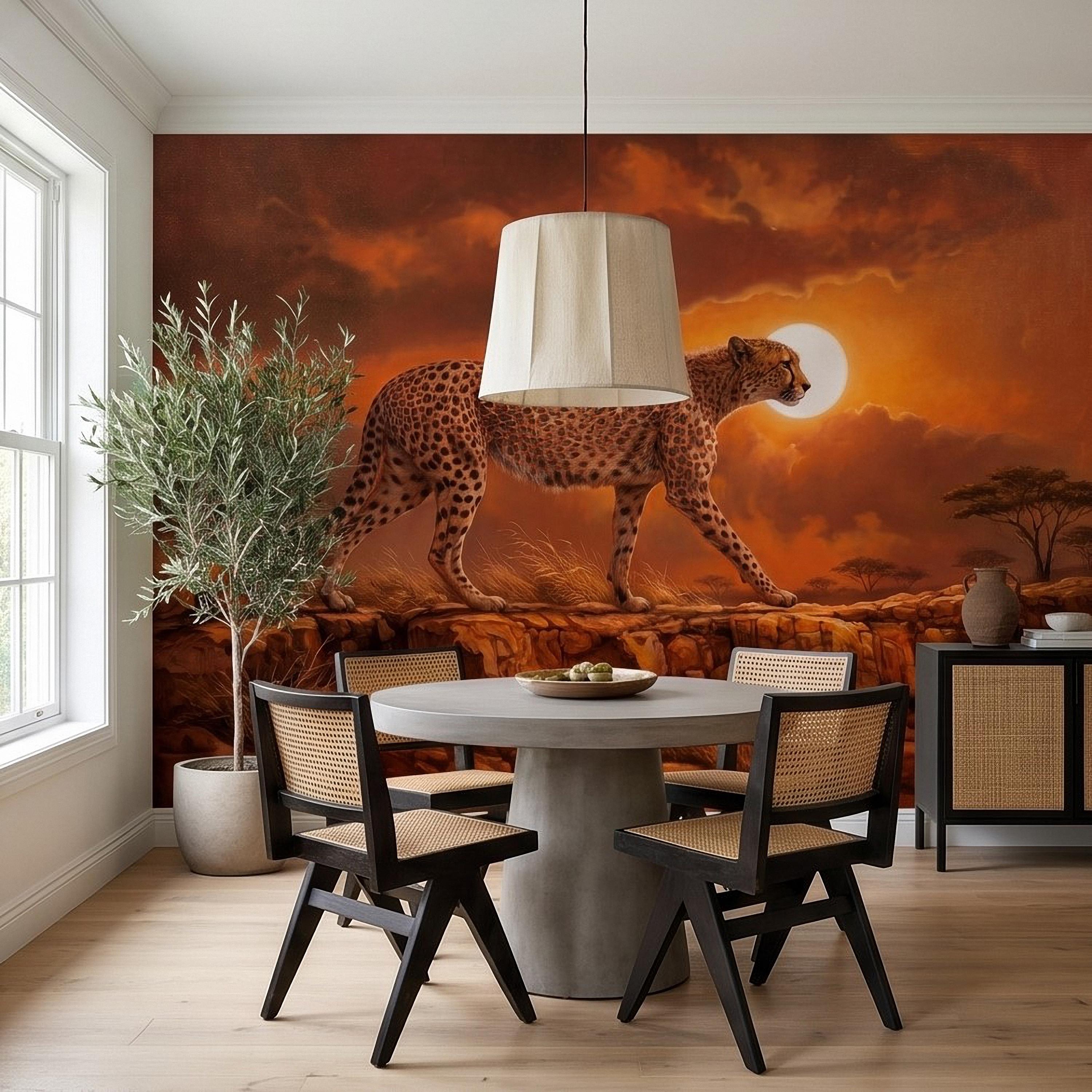 Cheetah Golden Sunset Safari Peel and Stick Wall Mural, African Savanna Landscape, Big Cat Wildlife, Acacia Trees, Warm Desert Sky Wallpaper
