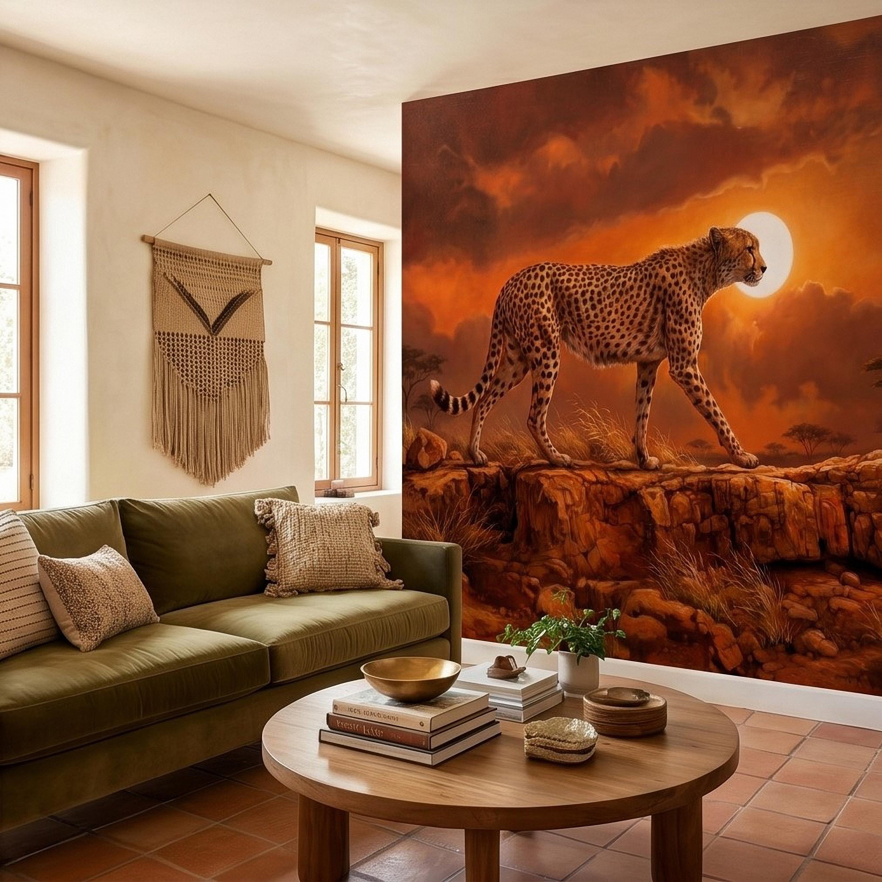 Cheetah Golden Sunset Safari Peel and Stick Wall Mural, African Savanna Landscape, Big Cat Wildlife, Acacia Trees, Warm Desert Sky Wallpaper