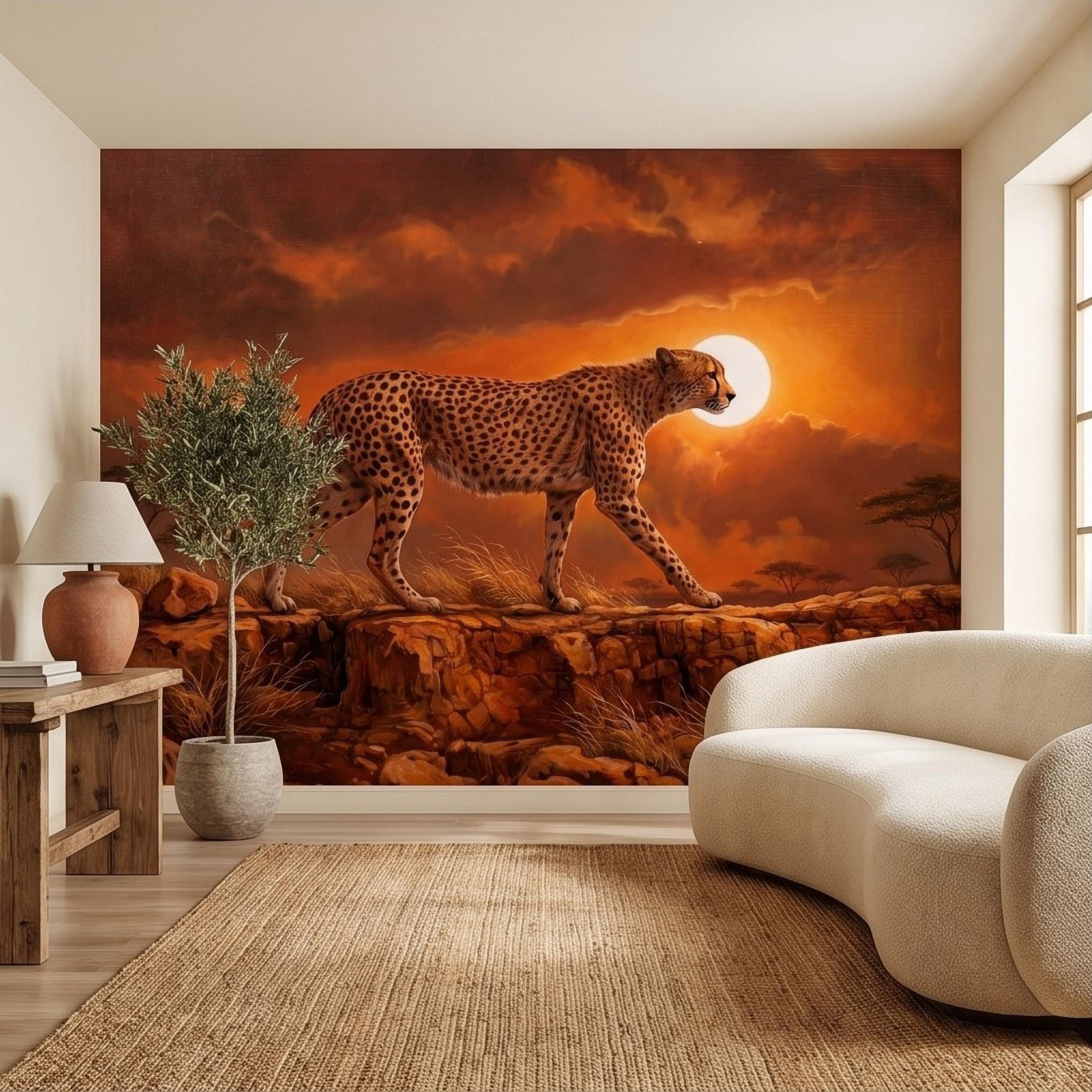 Cheetah Golden Sunset Safari Peel and Stick Wall Mural, African Savanna Landscape, Big Cat Wildlife, Acacia Trees, Warm Desert Sky Wallpaper