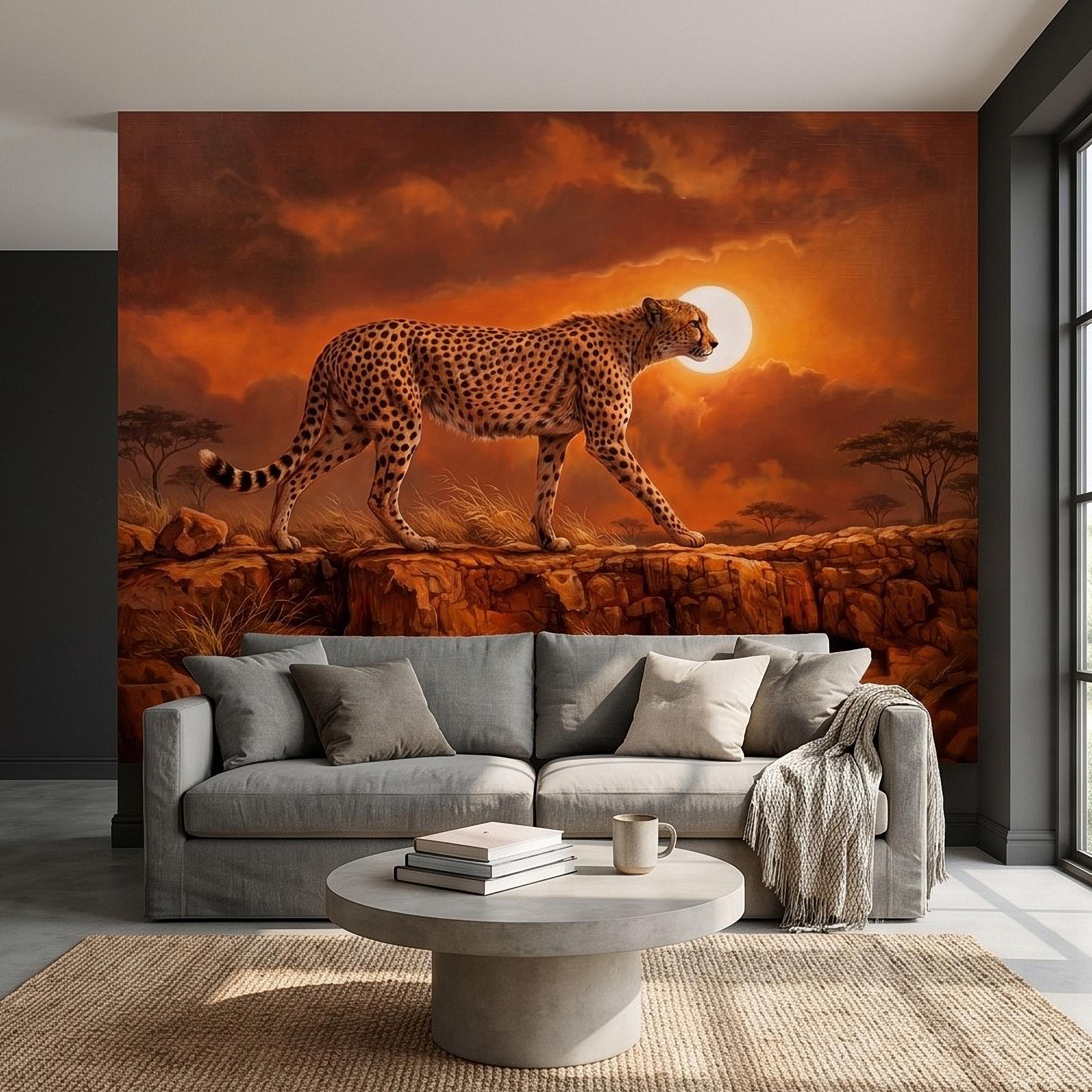 Cheetah Golden Sunset Safari Peel and Stick Wall Mural, African Savanna Landscape, Big Cat Wildlife, Acacia Trees, Warm Desert Sky Wallpaper