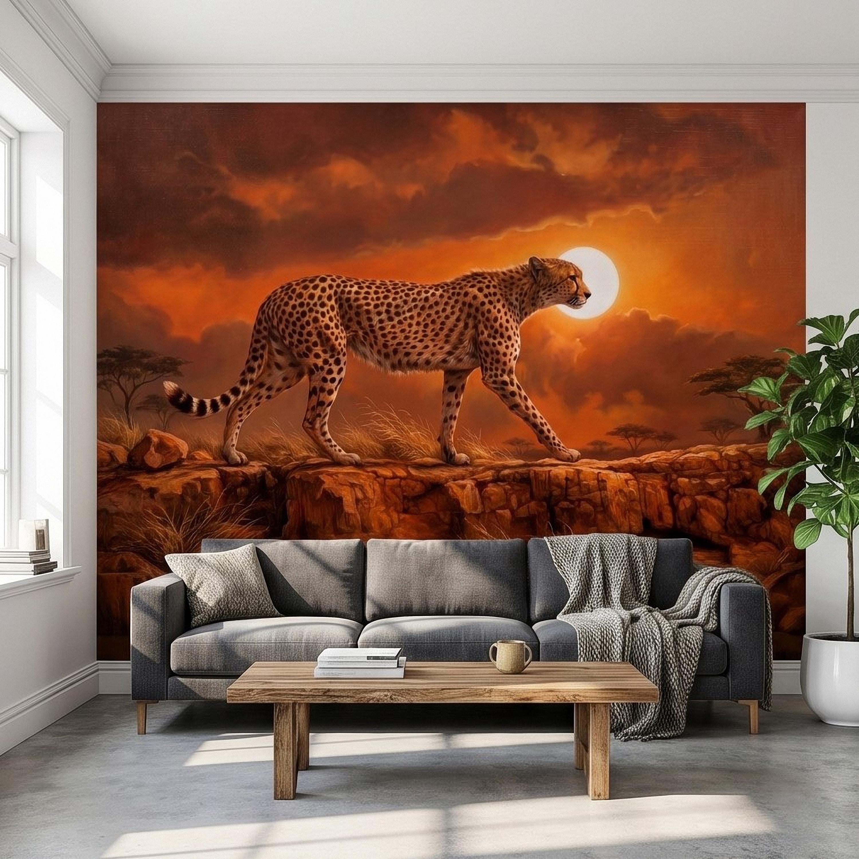 Cheetah Golden Sunset Safari Peel and Stick Wall Mural, African Savanna Landscape, Big Cat Wildlife, Acacia Trees, Warm Desert Sky Wallpaper