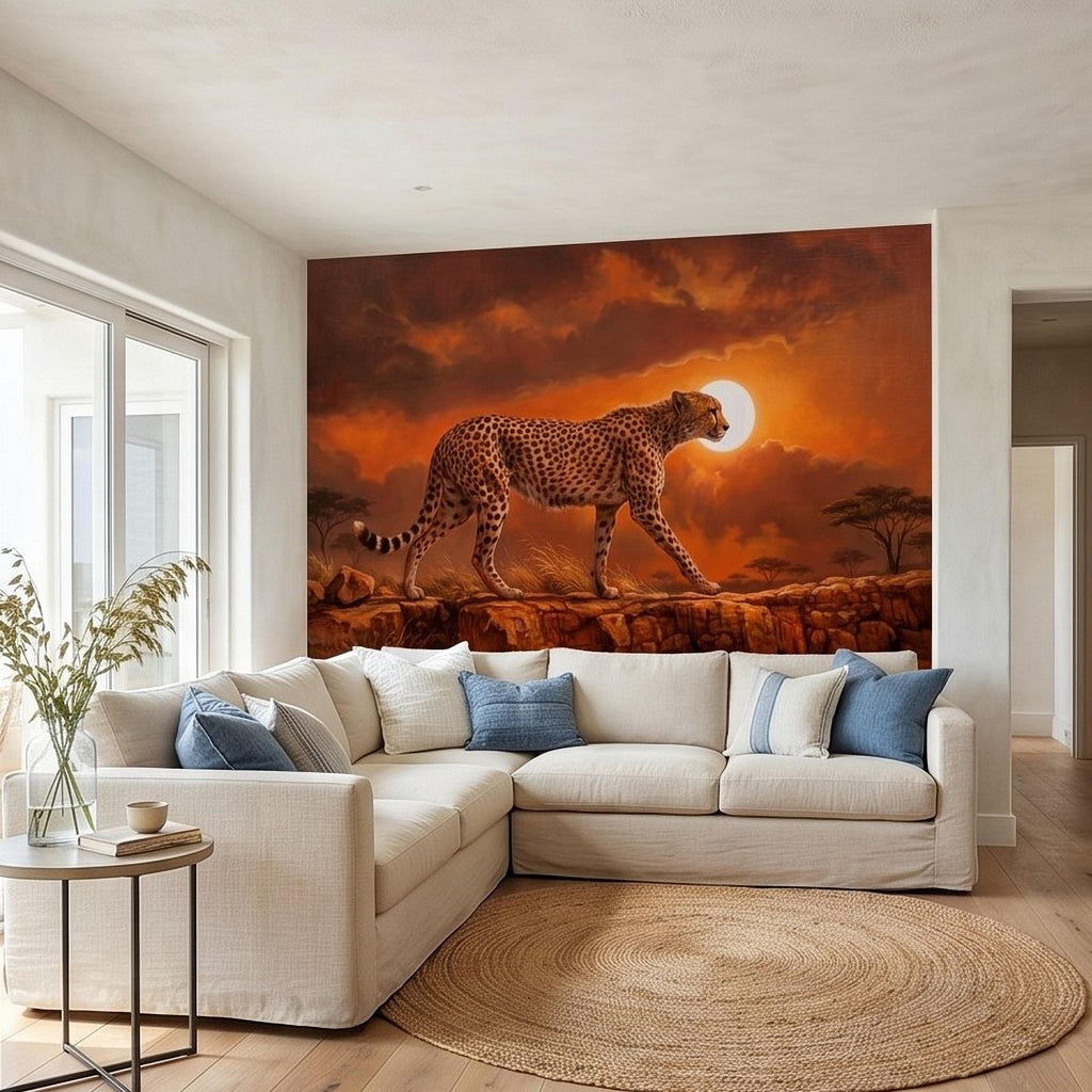 Cheetah Golden Sunset Safari Peel and Stick Wall Mural, African Savanna Landscape, Big Cat Wildlife, Acacia Trees, Warm Desert Sky Wallpaper