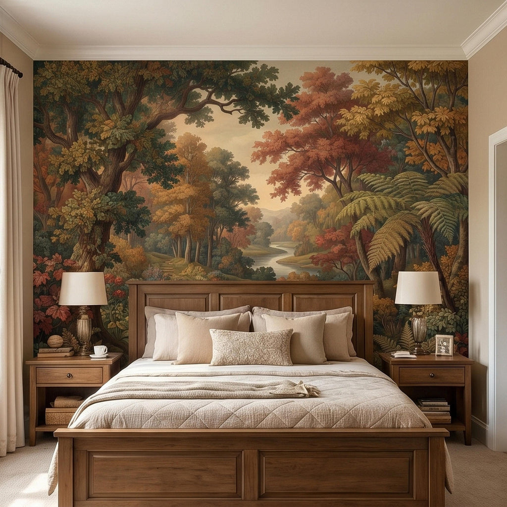 Autumn Woodland River Peel and Stick Wall Mural, Vintage Scenic Forest Path Landscape with Warm Fall Foliage, Classic Botanical Wallpaper