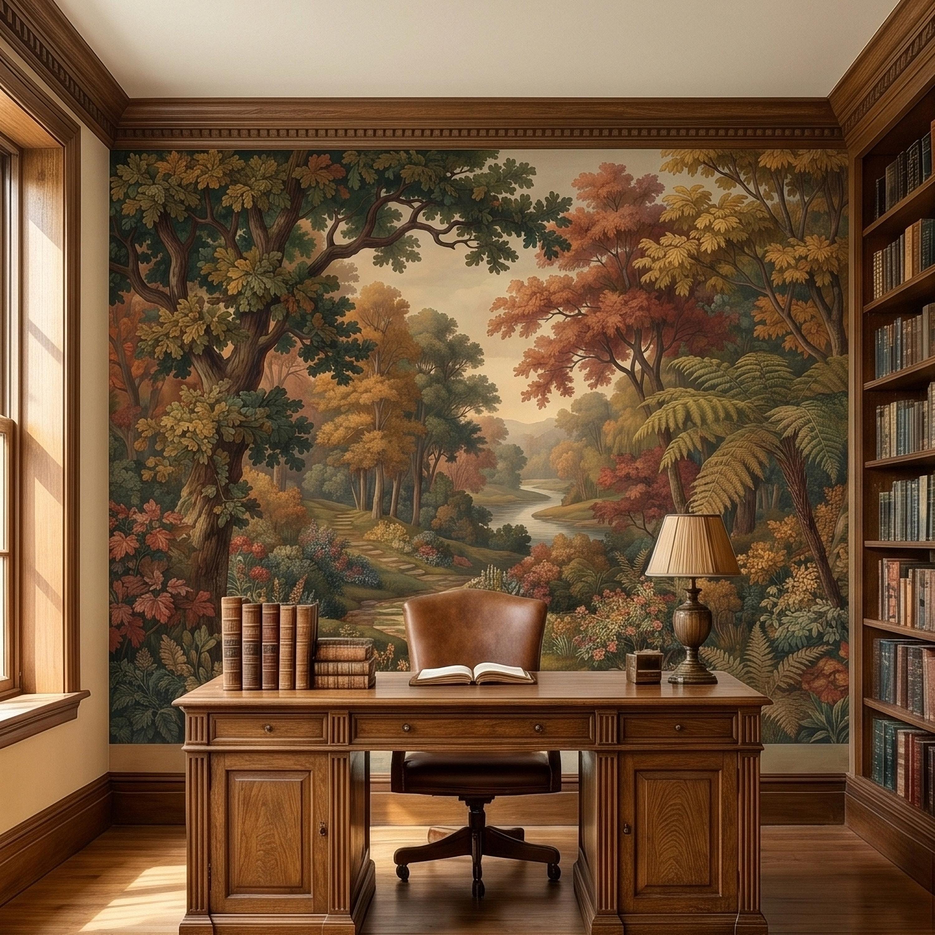 Autumn Woodland River Peel and Stick Wall Mural, Vintage Scenic Forest Path Landscape with Warm Fall Foliage, Classic Botanical Wallpaper