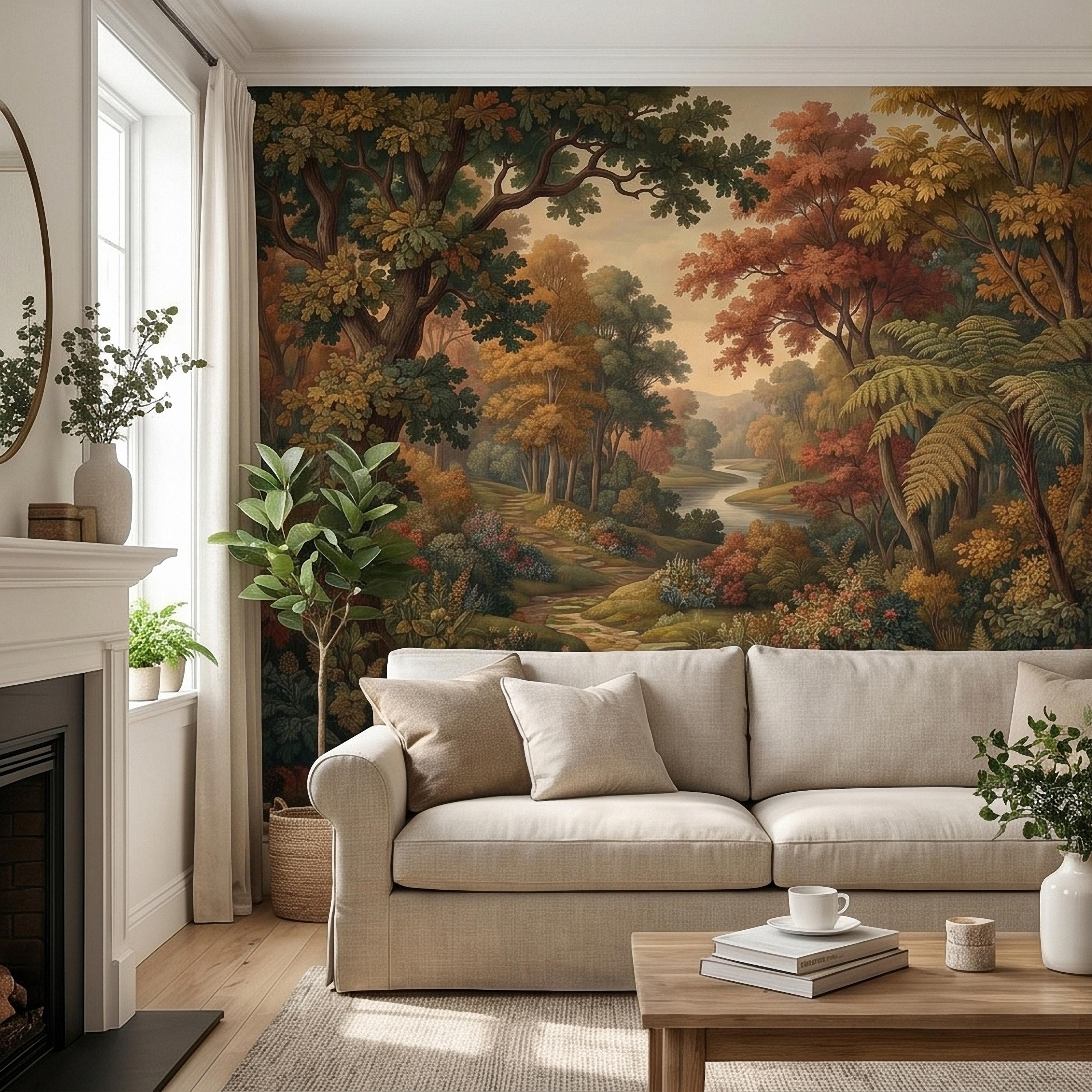Autumn Woodland River Peel and Stick Wall Mural, Vintage Scenic Forest Path Landscape with Warm Fall Foliage, Classic Botanical Wallpaper