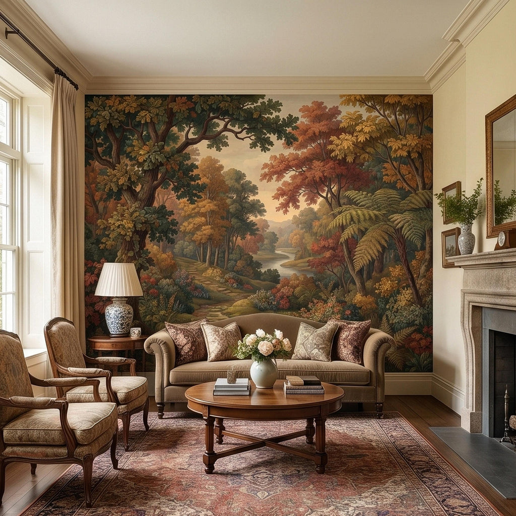 Autumn Woodland River Peel and Stick Wall Mural, Vintage Scenic Forest Path Landscape with Warm Fall Foliage, Classic Botanical Wallpaper