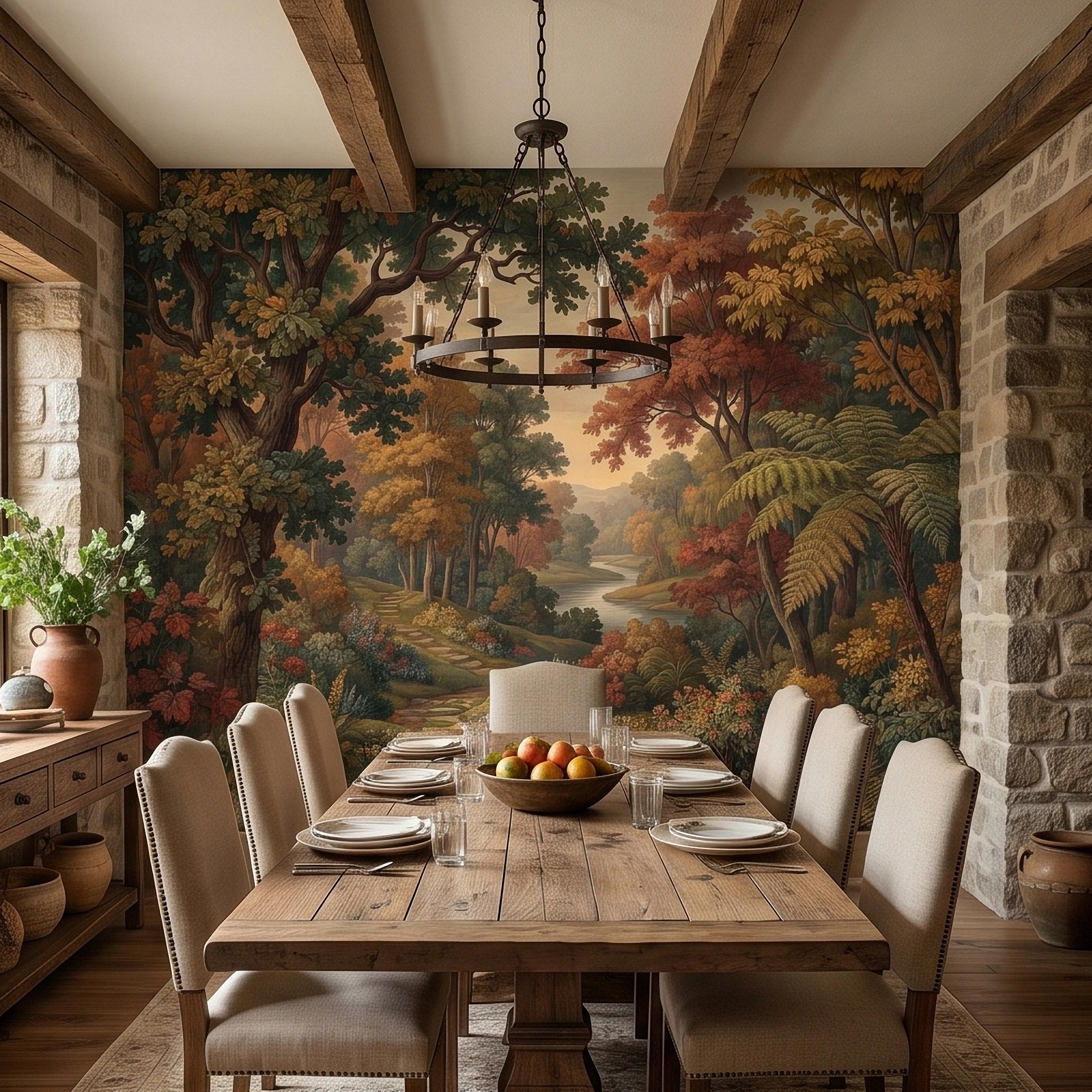 Autumn Woodland River Peel and Stick Wall Mural, Vintage Scenic Forest Path Landscape with Warm Fall Foliage, Classic Botanical Wallpaper