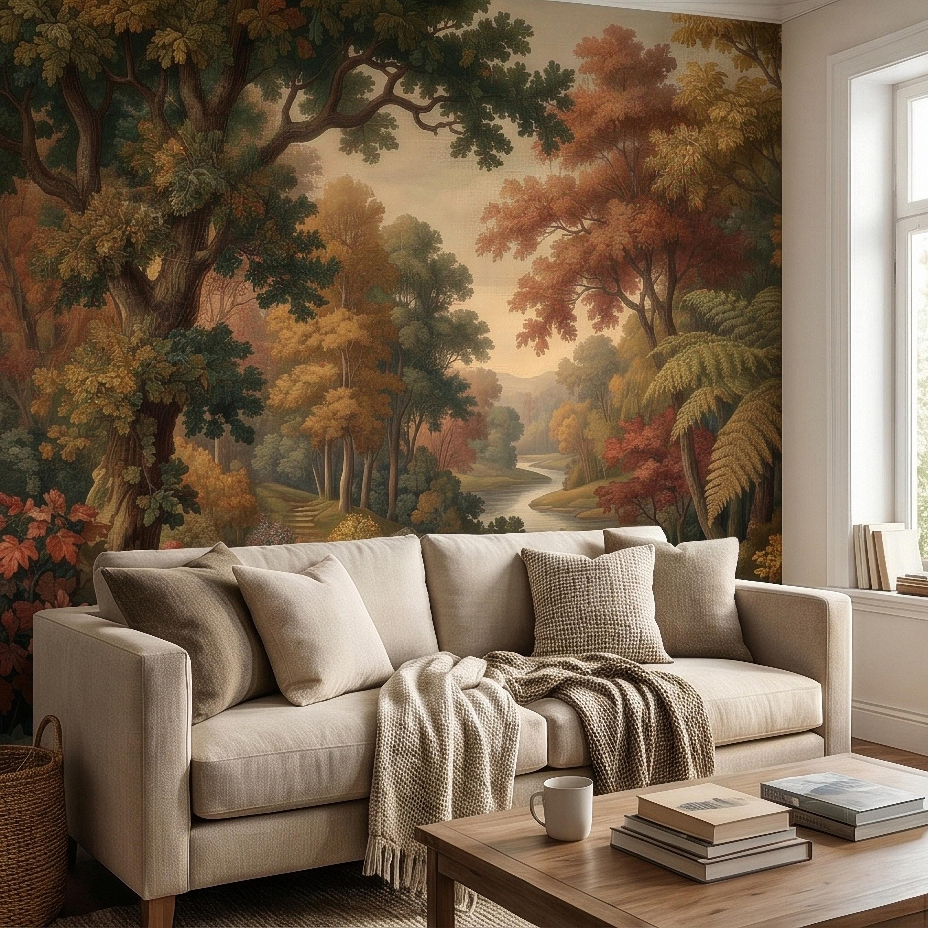 Autumn Woodland River Peel and Stick Wall Mural, Vintage Scenic Forest Path Landscape with Warm Fall Foliage, Classic Botanical Wallpaper