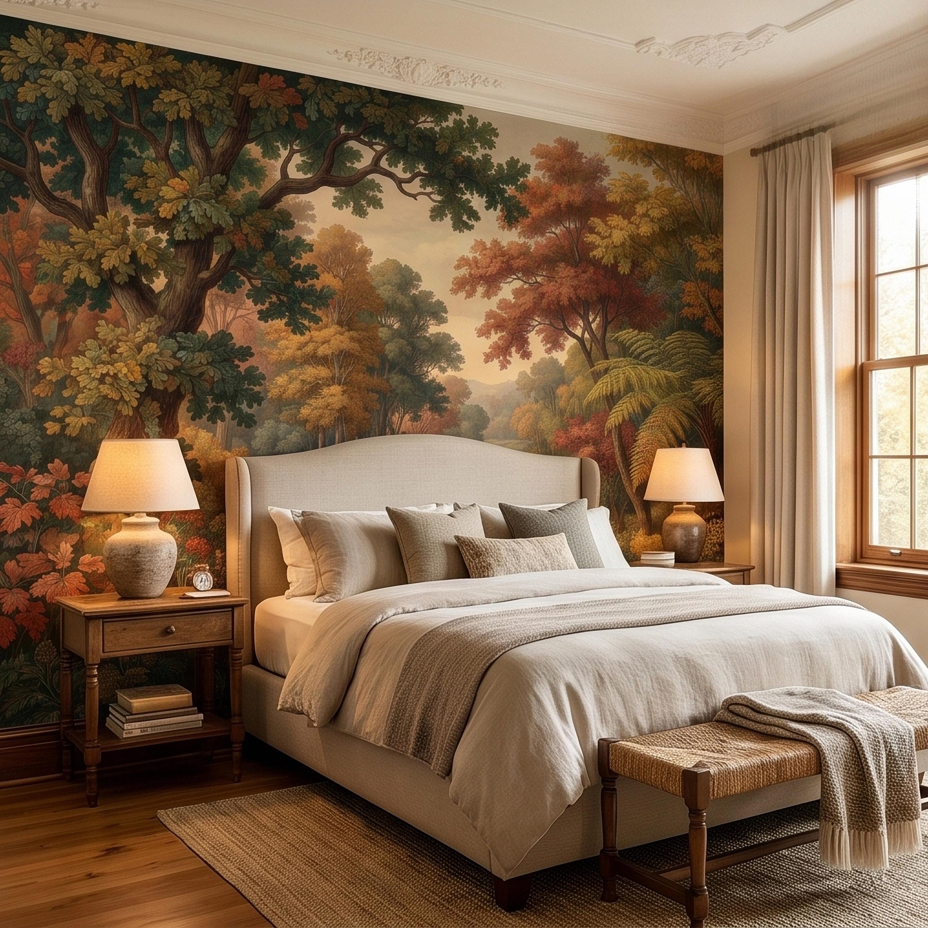 Autumn Woodland River Peel and Stick Wall Mural, Vintage Scenic Forest Path Landscape with Warm Fall Foliage, Classic Botanical Wallpaper