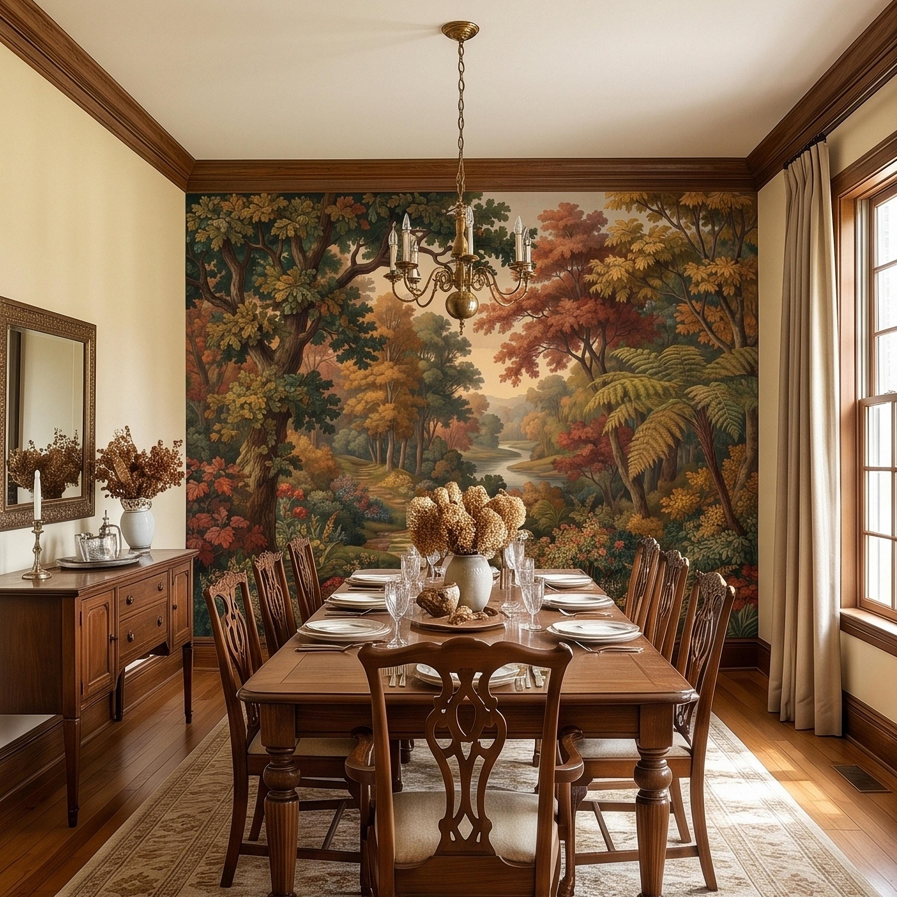 Autumn Woodland River Peel and Stick Wall Mural, Vintage Scenic Forest Path Landscape with Warm Fall Foliage, Classic Botanical Wallpaper