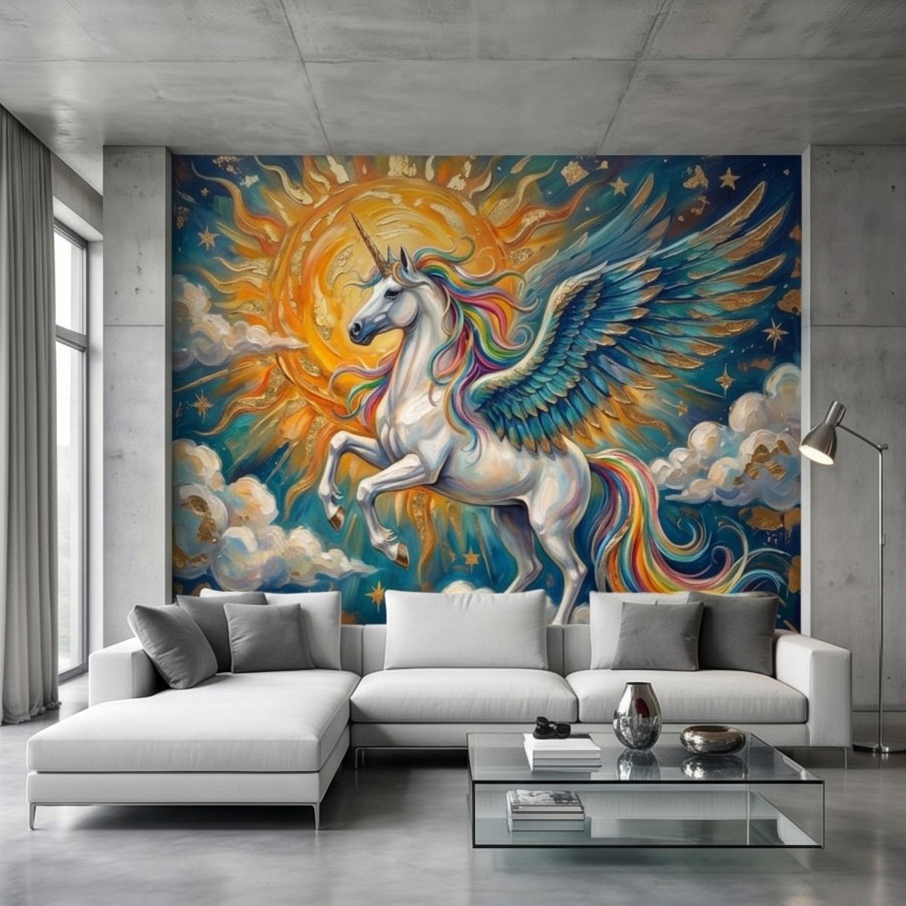 Celestial Winged Unicorn Peel and Stick Wall Mural, Rainbow Pegasus Angel Wings Sun Stars Clouds Hand Painted Fairy Tale Sky Scene Wallpaper