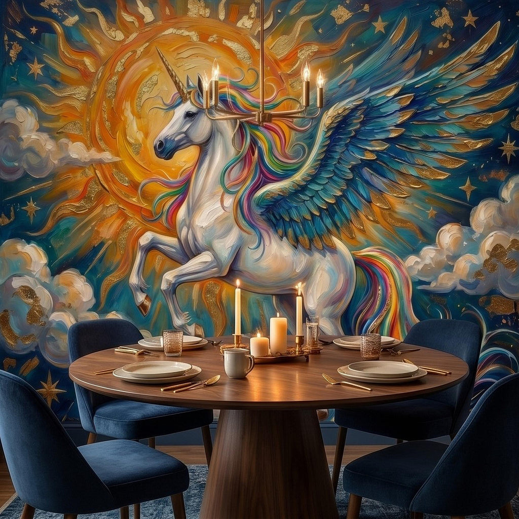Celestial Winged Unicorn Peel and Stick Wall Mural, Rainbow Pegasus Angel Wings Sun Stars Clouds Hand Painted Fairy Tale Sky Scene Wallpaper