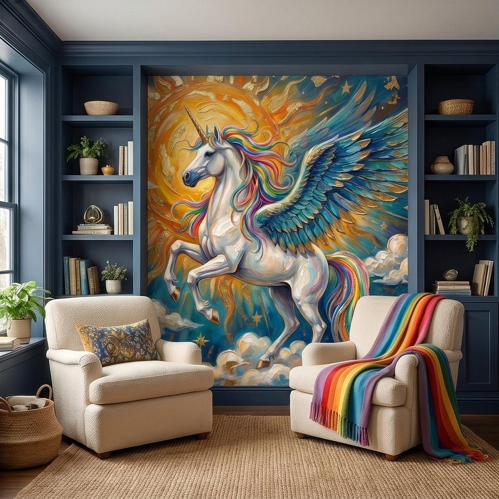 Celestial Winged Unicorn Peel and Stick Wall Mural, Rainbow Pegasus Angel Wings Sun Stars Clouds Hand Painted Fairy Tale Sky Scene Wallpaper