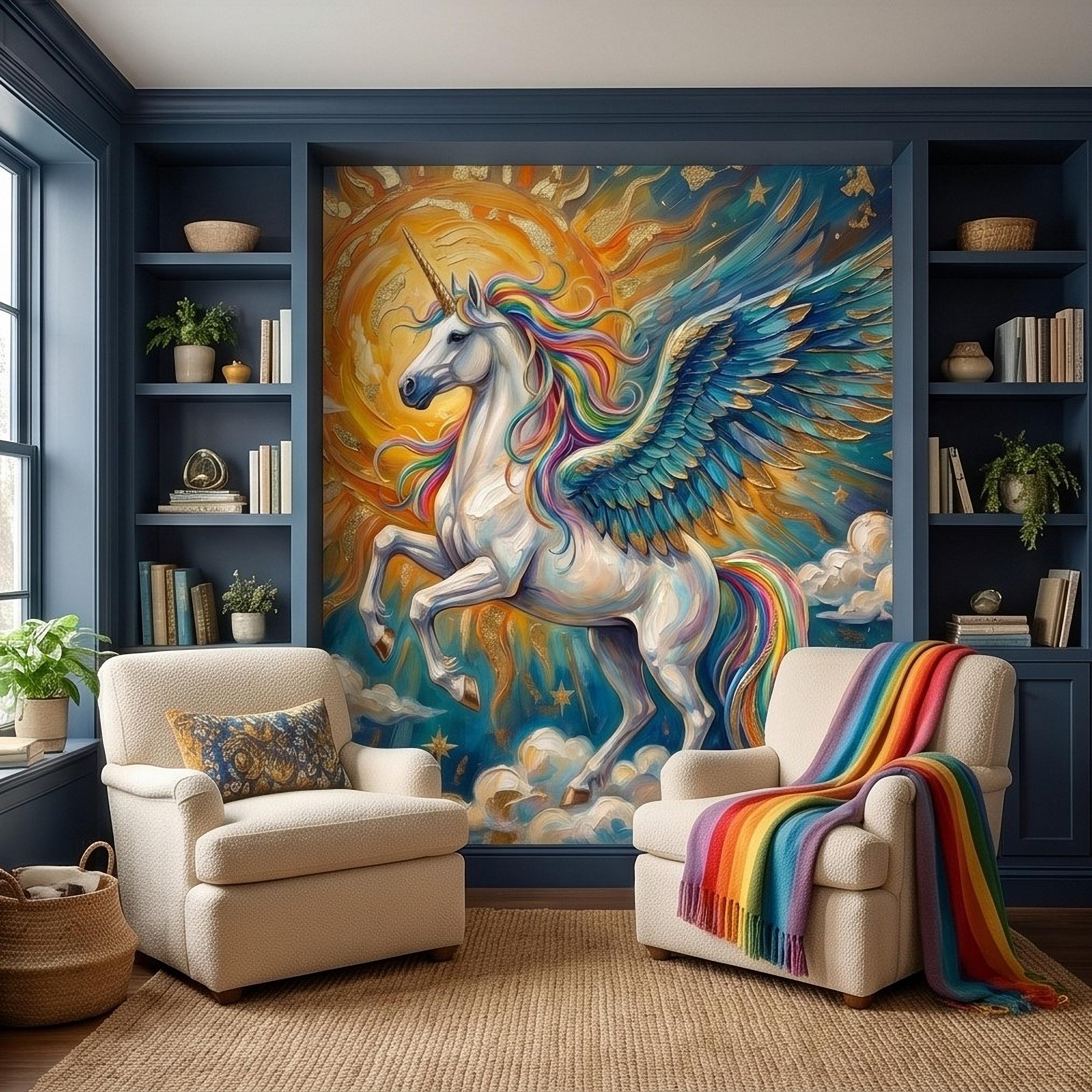 Celestial Winged Unicorn Peel and Stick Wall Mural, Rainbow Pegasus Angel Wings Sun Stars Clouds Hand Painted Fairy Tale Sky Scene Wallpaper