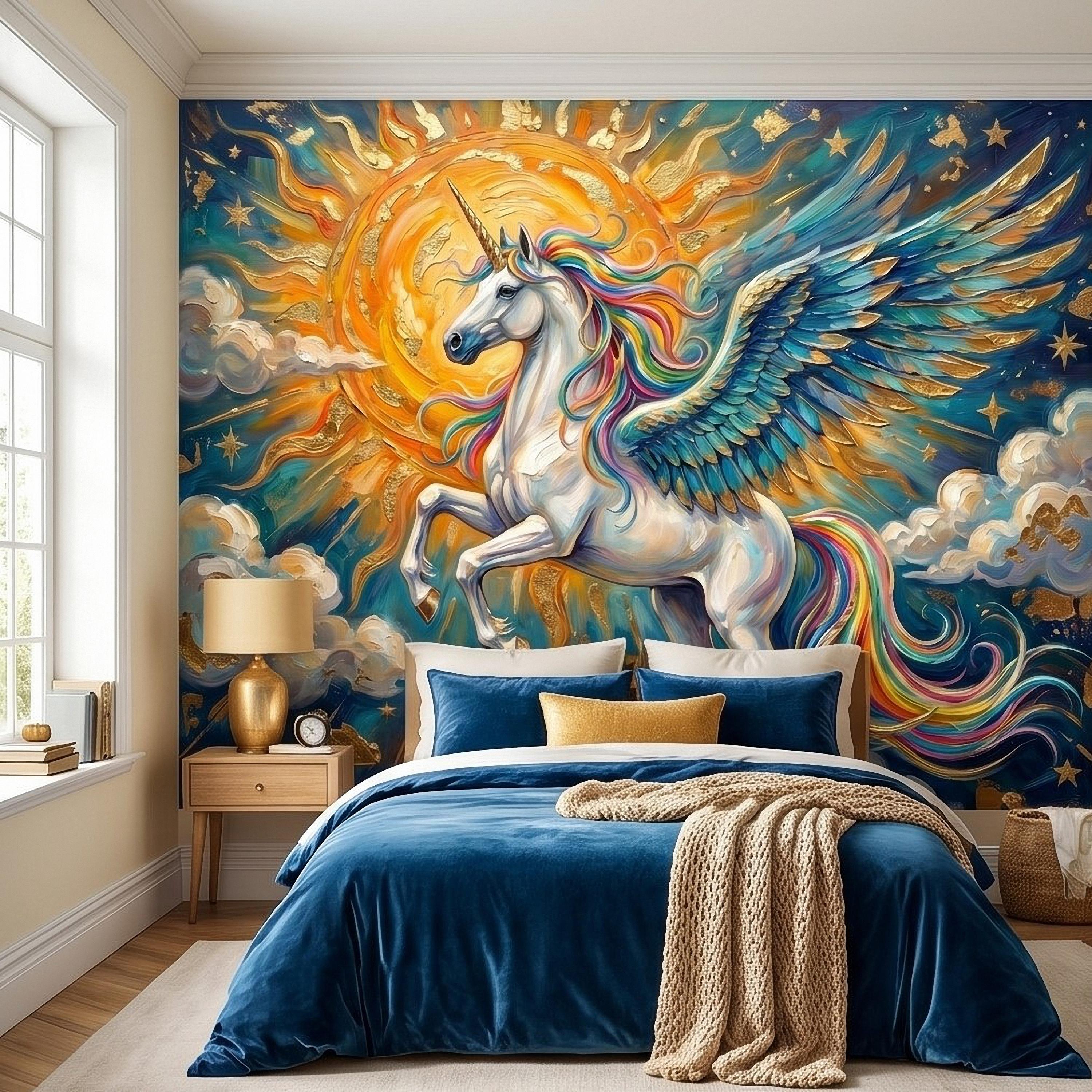 Celestial Winged Unicorn Peel and Stick Wall Mural, Rainbow Pegasus Angel Wings Sun Stars Clouds Hand Painted Fairy Tale Sky Scene Wallpaper