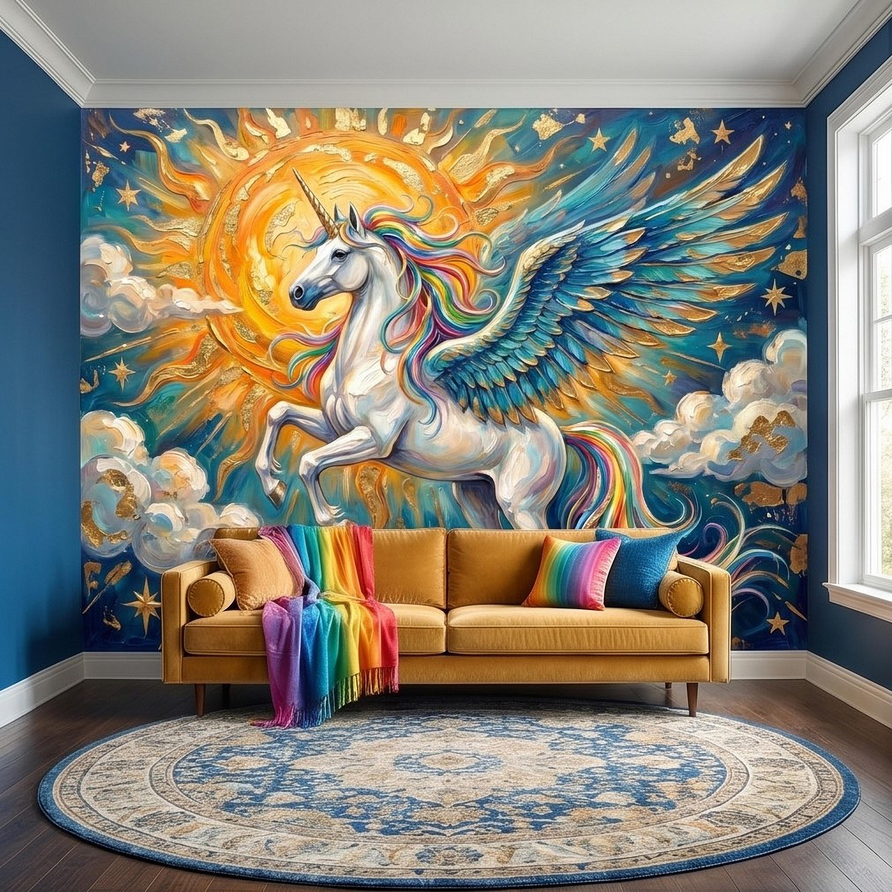 Celestial Winged Unicorn Peel and Stick Wall Mural, Rainbow Pegasus Angel Wings Sun Stars Clouds Hand Painted Fairy Tale Sky Scene Wallpaper