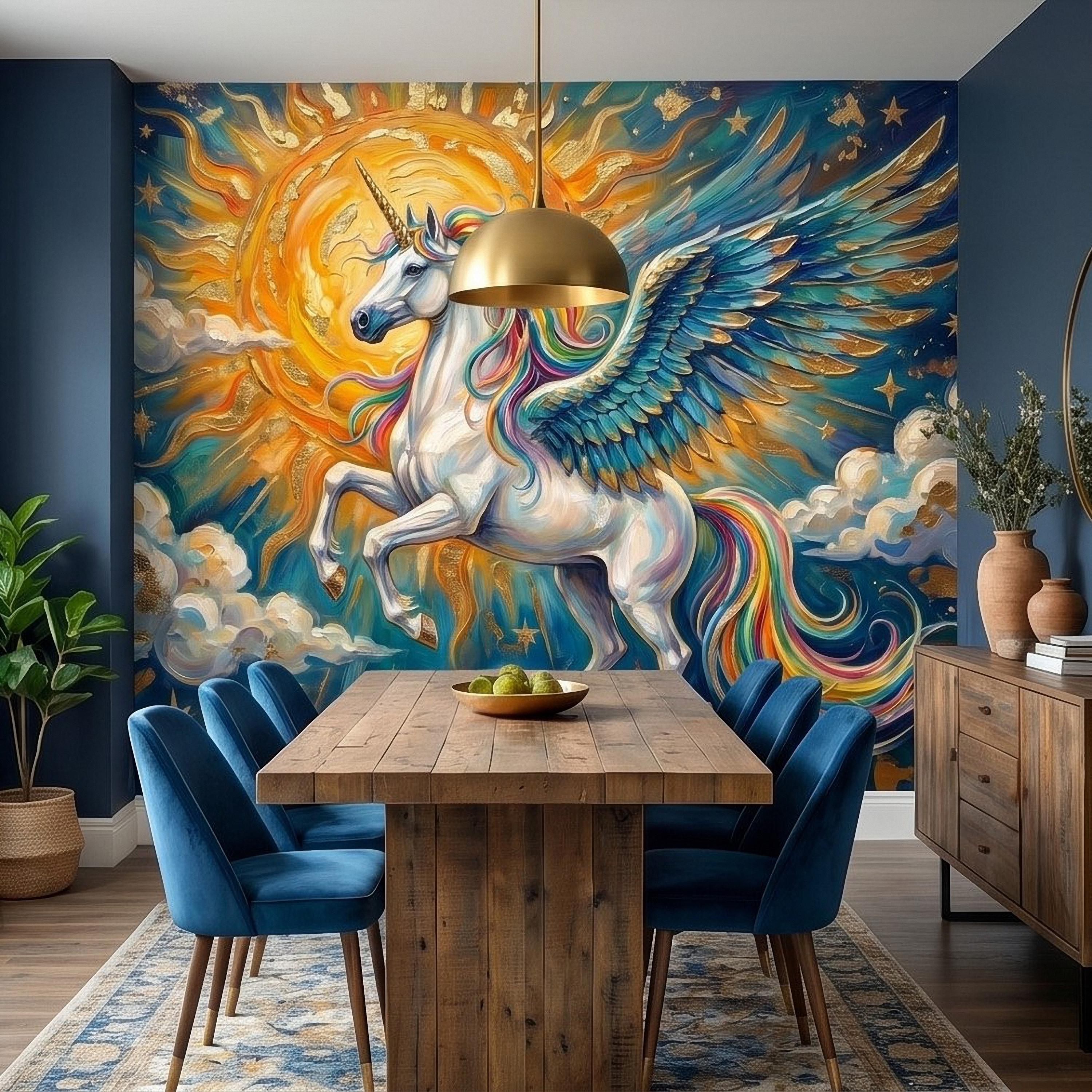 Celestial Winged Unicorn Peel and Stick Wall Mural, Rainbow Pegasus Angel Wings Sun Stars Clouds Hand Painted Fairy Tale Sky Scene Wallpaper