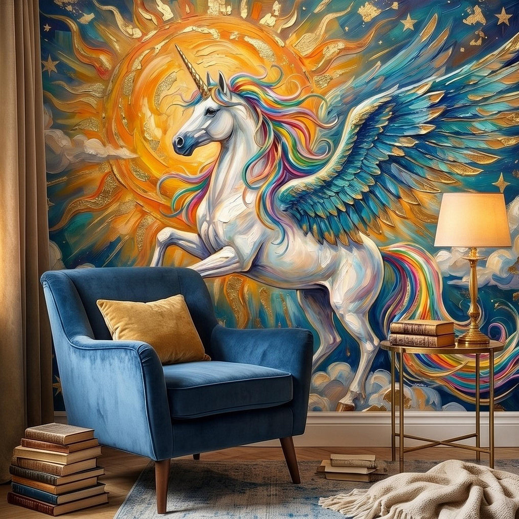 Celestial Winged Unicorn Peel and Stick Wall Mural, Rainbow Pegasus Angel Wings Sun Stars Clouds Hand Painted Fairy Tale Sky Scene Wallpaper