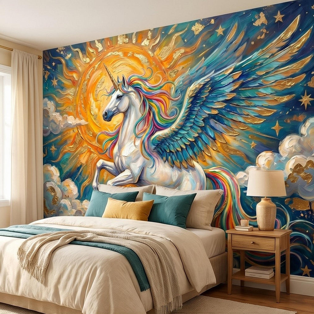 Celestial Winged Unicorn Peel and Stick Wall Mural, Rainbow Pegasus Angel Wings Sun Stars Clouds Hand Painted Fairy Tale Sky Scene Wallpaper