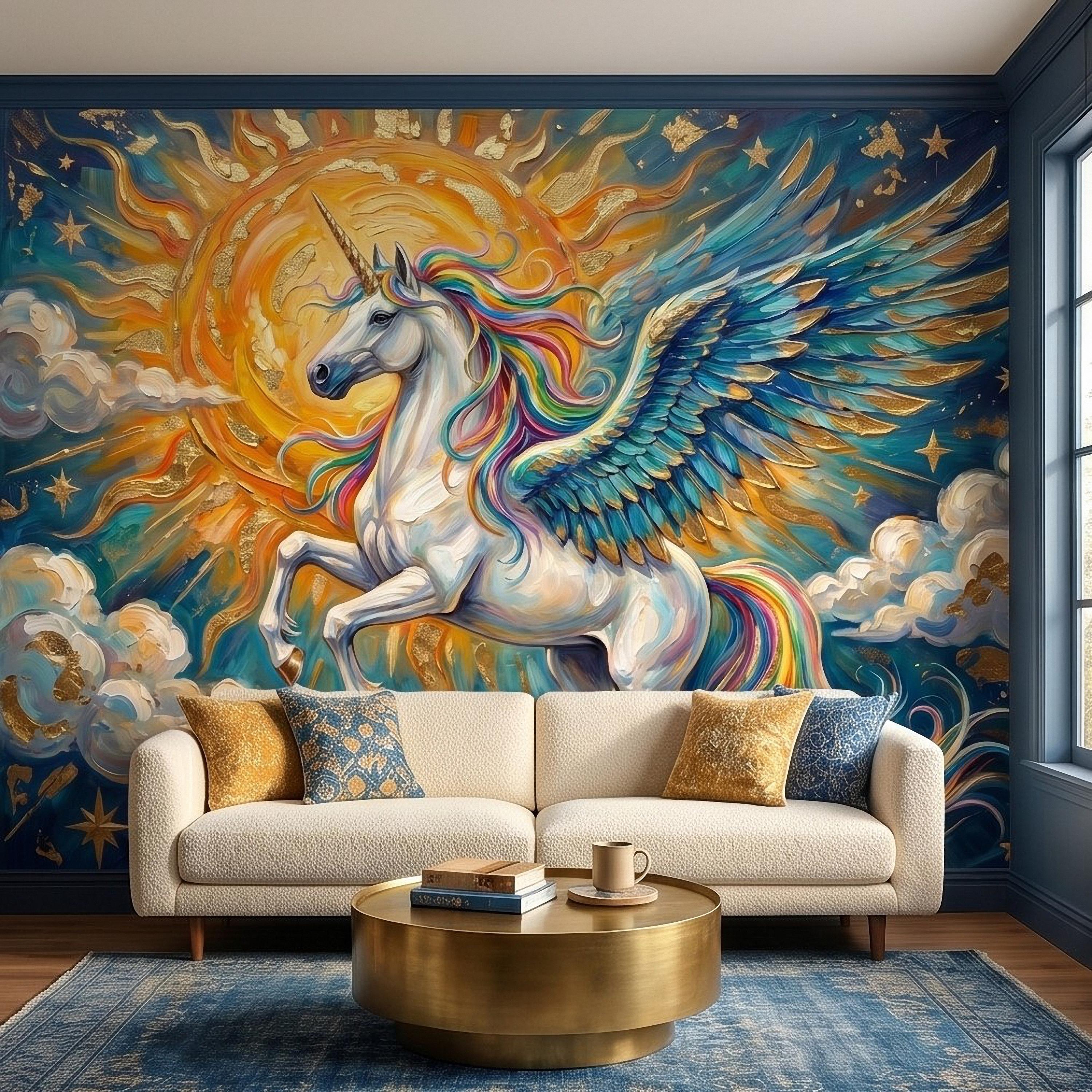 Celestial Winged Unicorn Peel and Stick Wall Mural, Rainbow Pegasus Angel Wings Sun Stars Clouds Hand Painted Fairy Tale Sky Scene Wallpaper