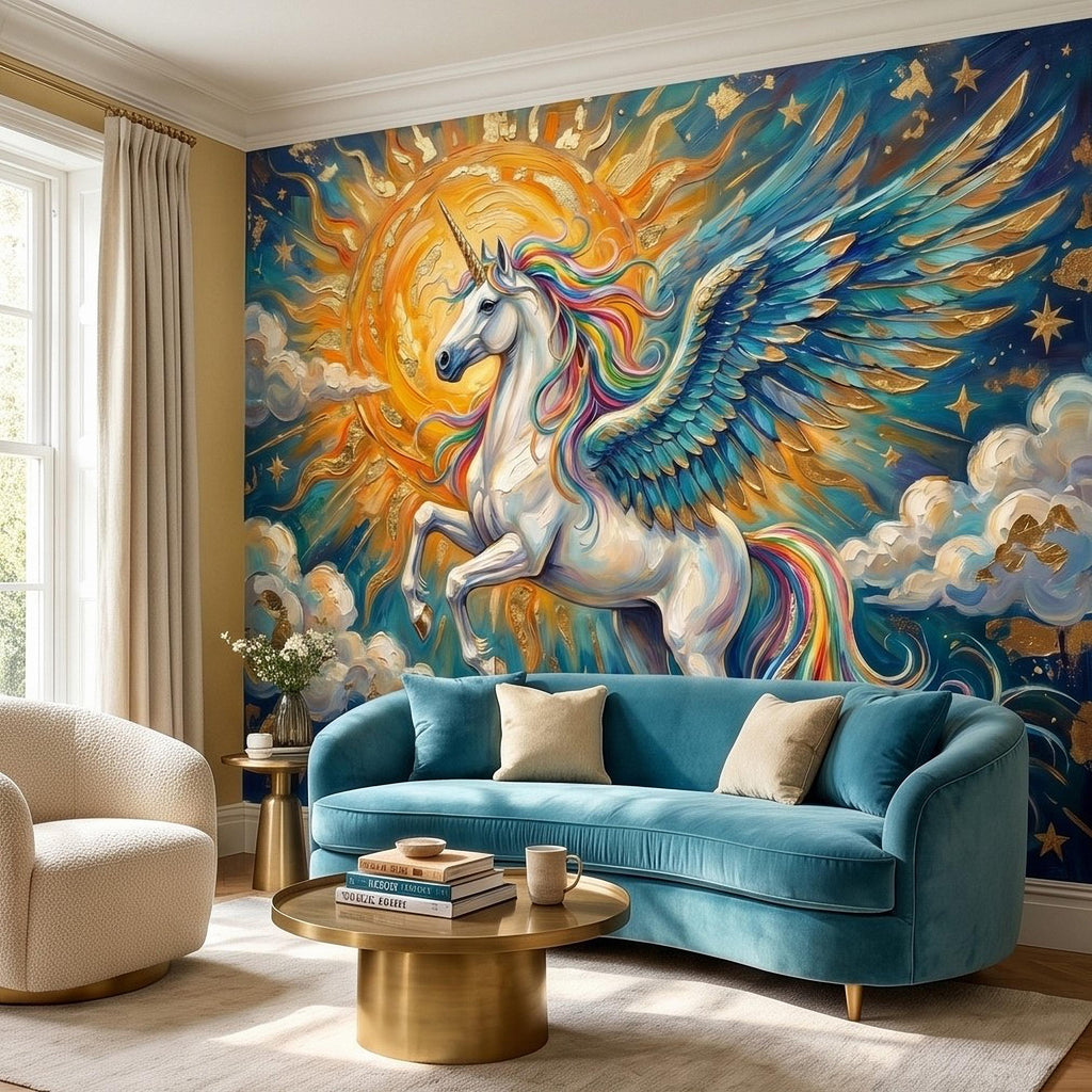 Celestial Winged Unicorn Peel and Stick Wall Mural, Rainbow Pegasus Angel Wings Sun Stars Clouds Hand Painted Fairy Tale Sky Scene Wallpaper