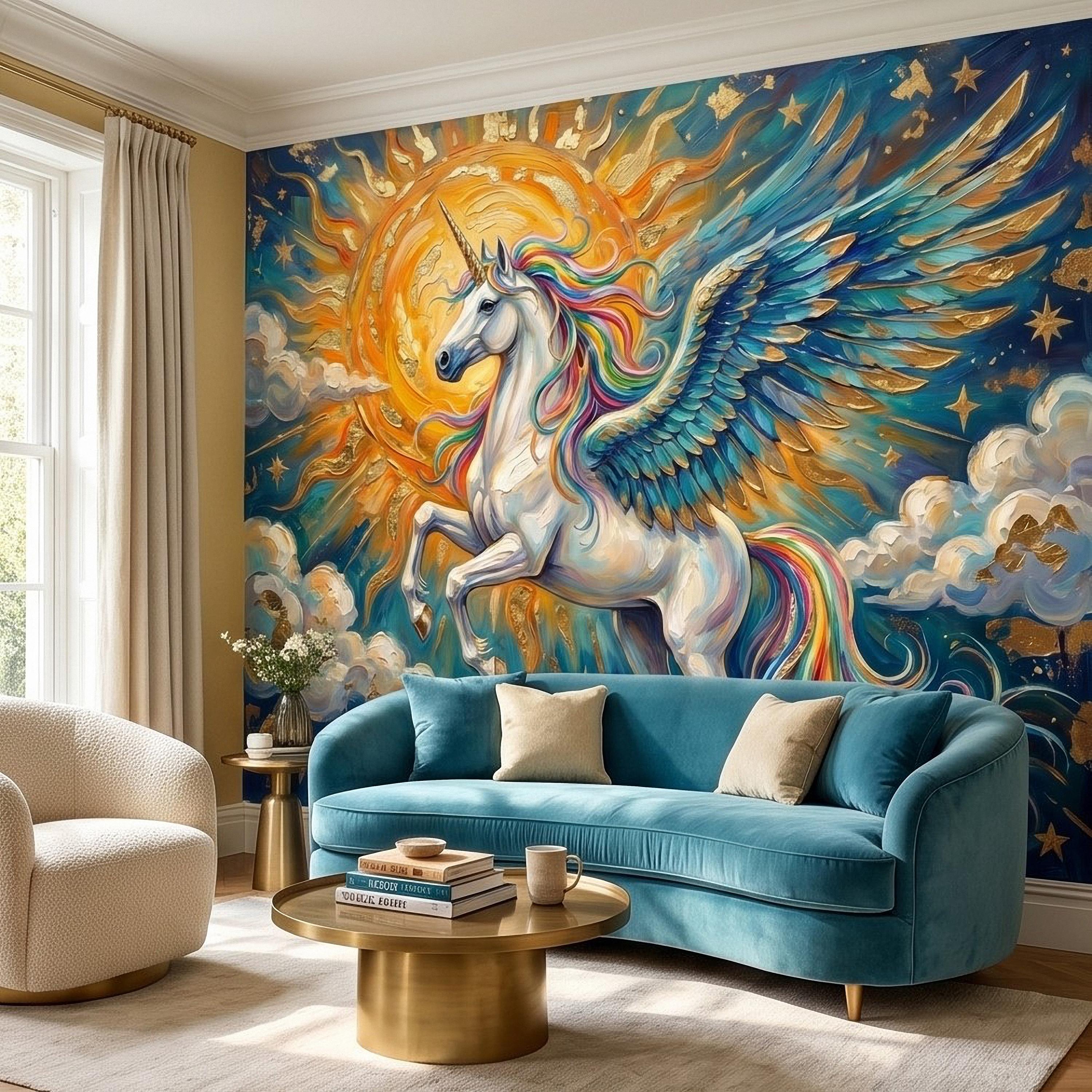 Celestial Winged Unicorn Peel and Stick Wall Mural, Rainbow Pegasus Angel Wings Sun Stars Clouds Hand Painted Fairy Tale Sky Scene Wallpaper