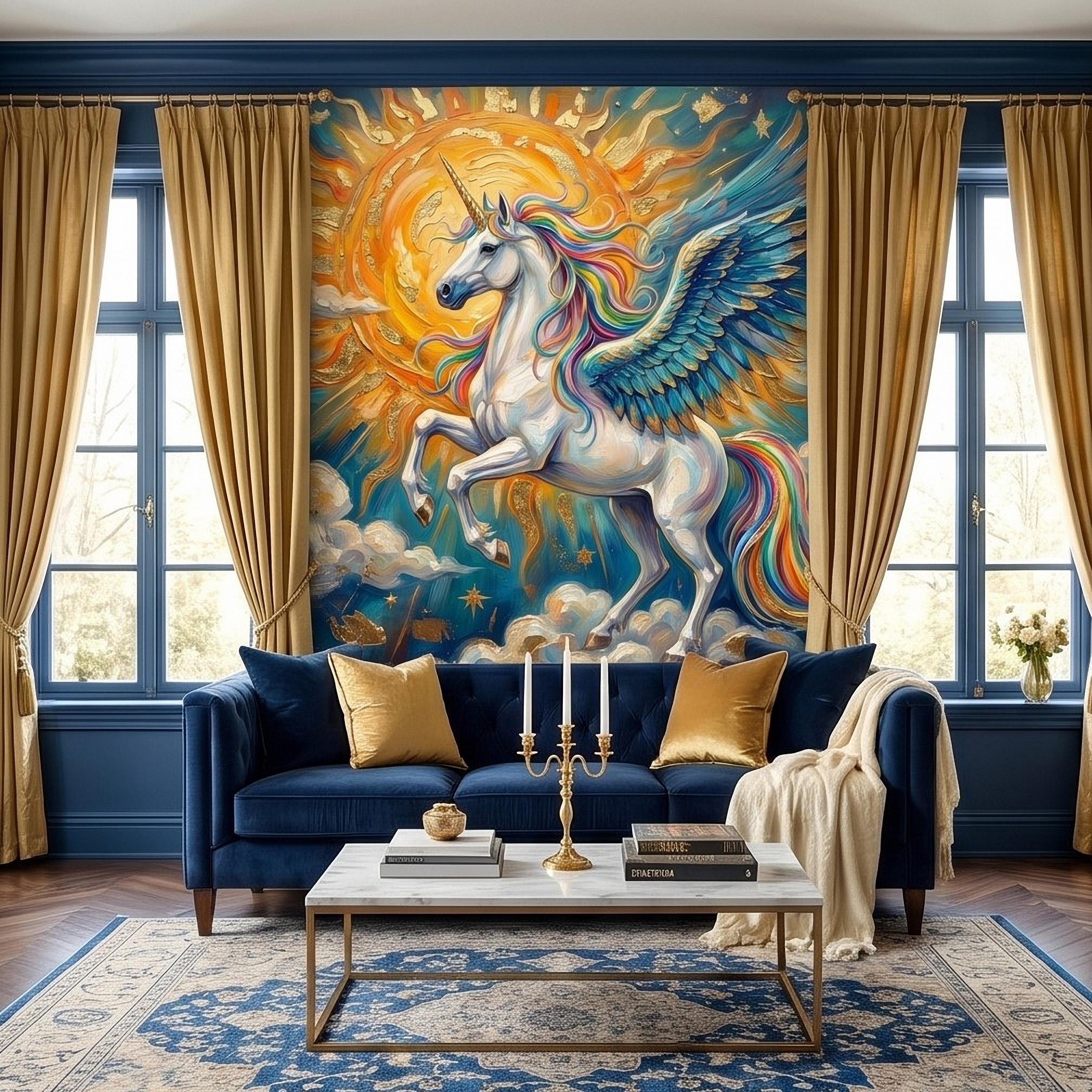 Celestial Winged Unicorn Peel and Stick Wall Mural, Rainbow Pegasus Angel Wings Sun Stars Clouds Hand Painted Fairy Tale Sky Scene Wallpaper