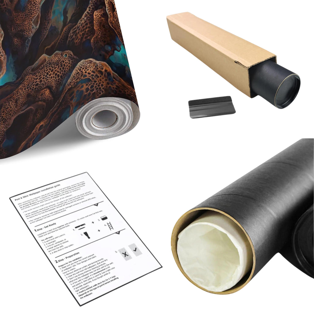 Abstract Cellular Copper Peel and Stick Wall Mural, Dark Teal Organic Coral Texture 3D Look, Modern Moody Wallpaper