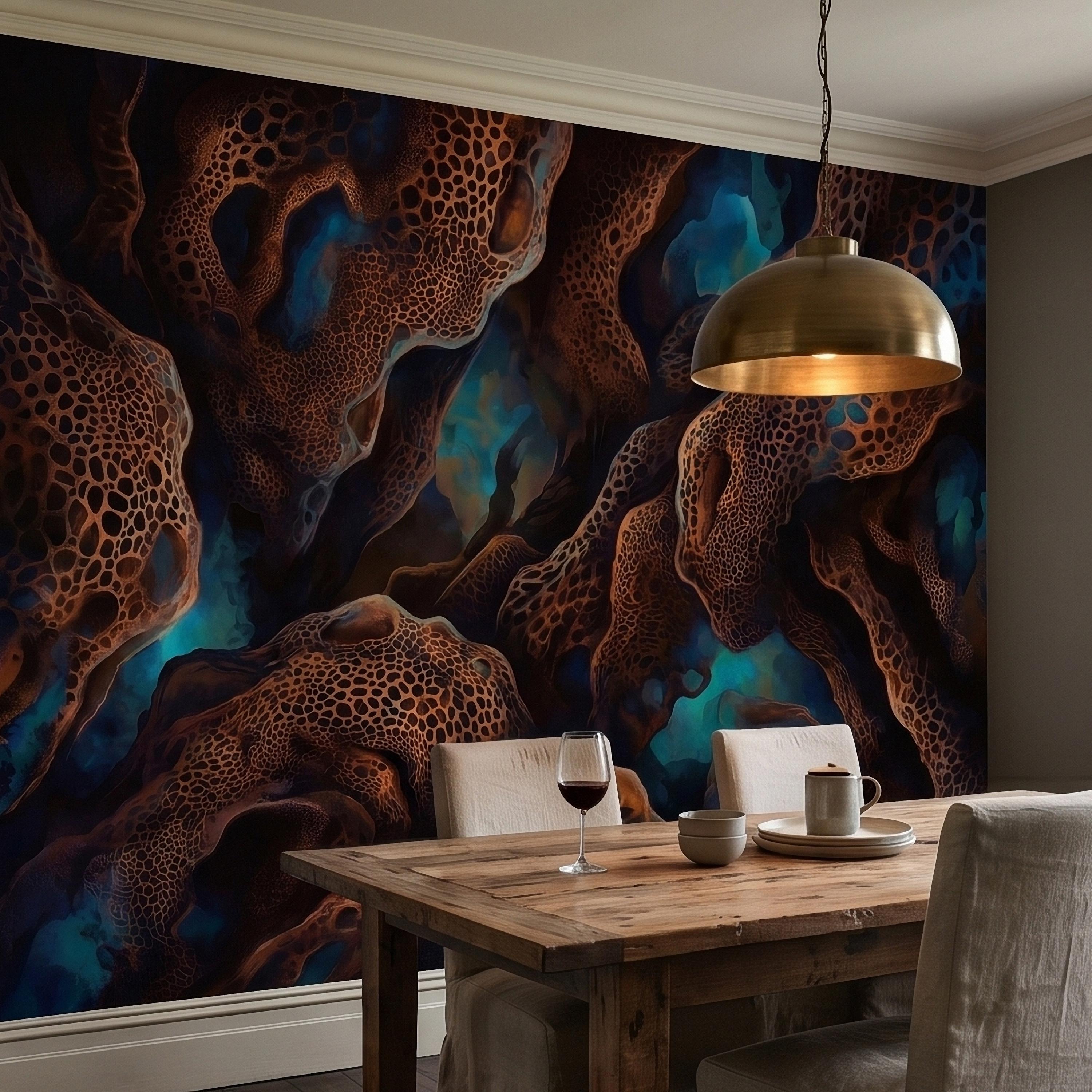 Abstract Cellular Copper Peel and Stick Wall Mural, Dark Teal Organic Coral Texture 3D Look, Modern Moody Wallpaper