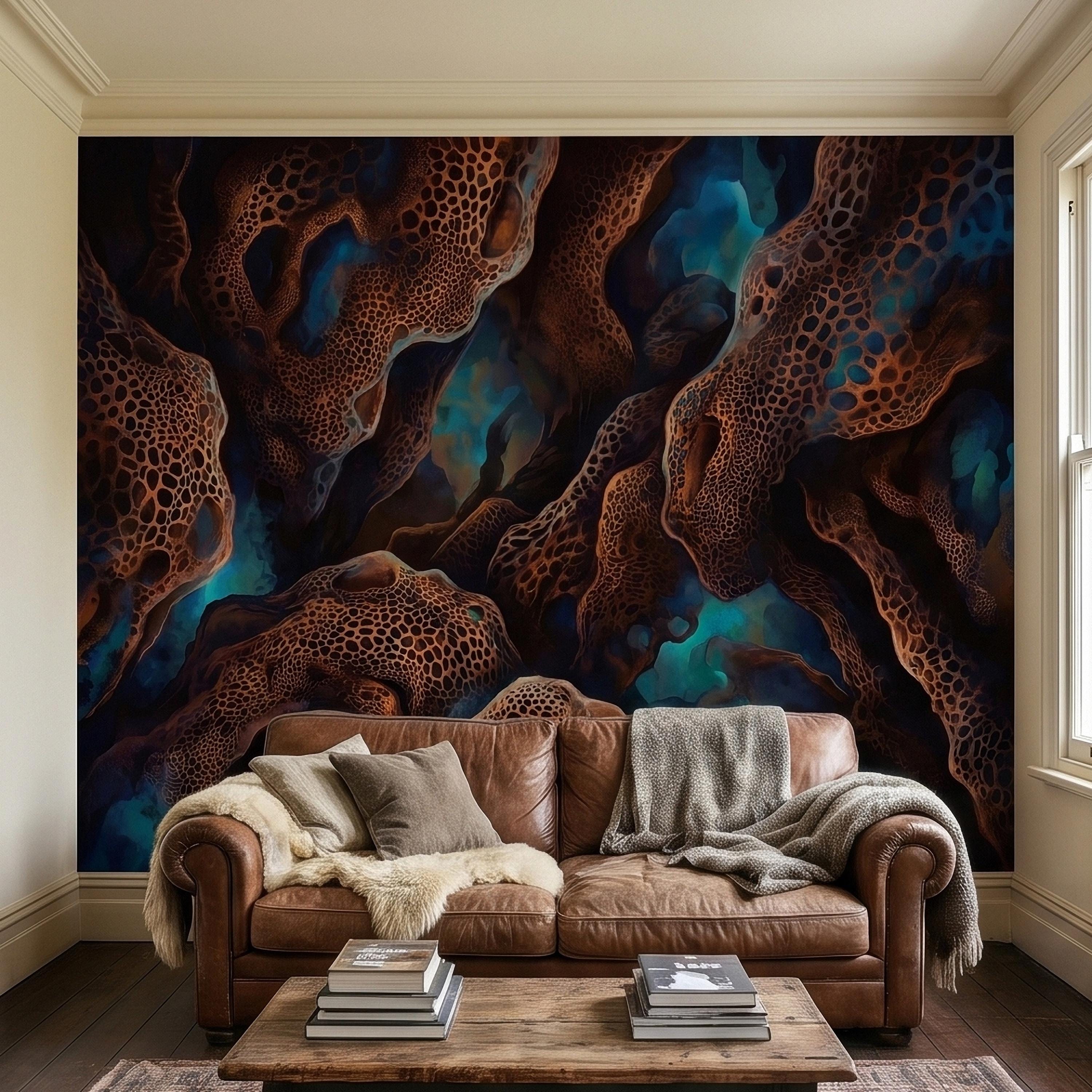 Abstract Cellular Copper Peel and Stick Wall Mural, Dark Teal Organic Coral Texture 3D Look, Modern Moody Wallpaper