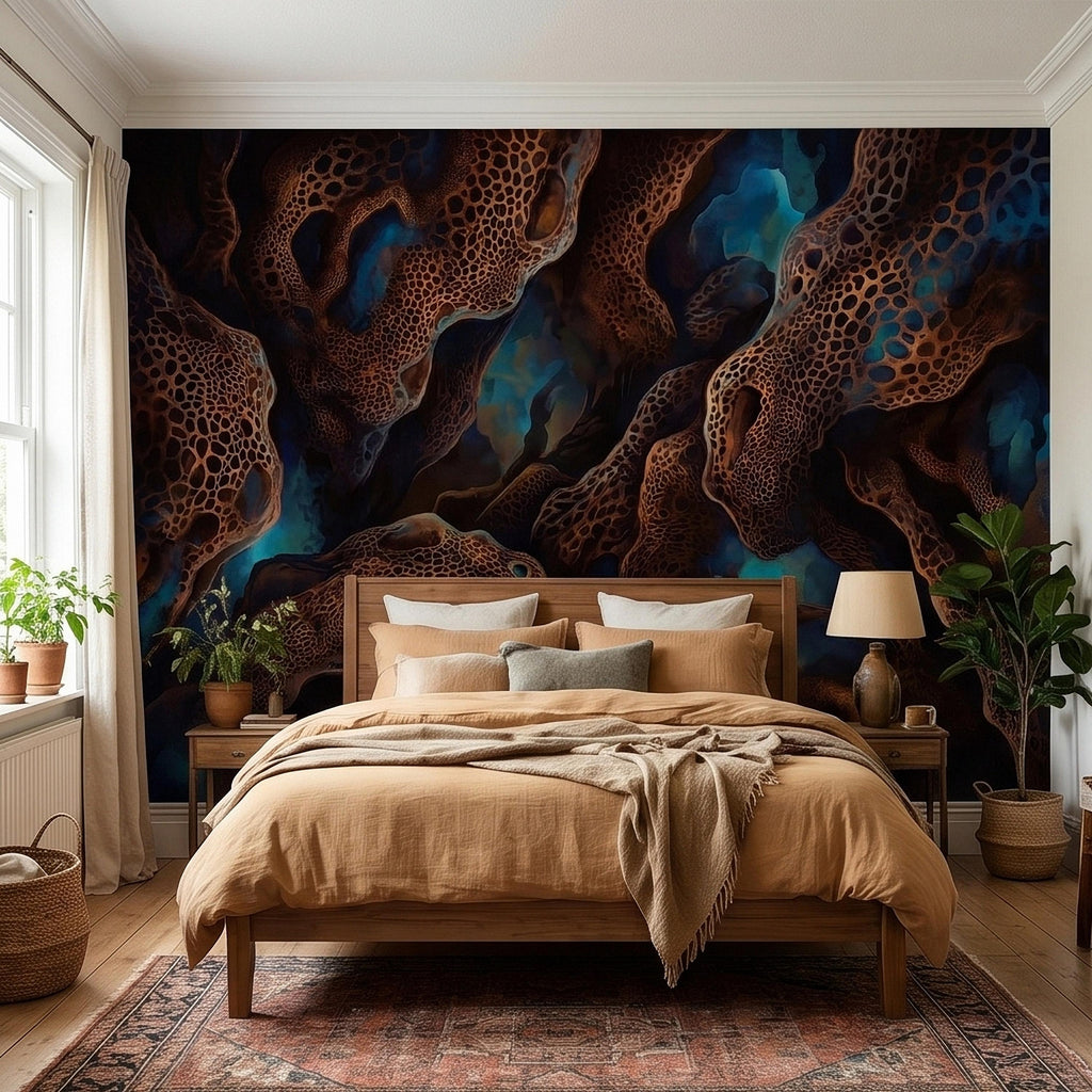 Abstract Cellular Copper Peel and Stick Wall Mural, Dark Teal Organic Coral Texture 3D Look, Modern Moody Wallpaper