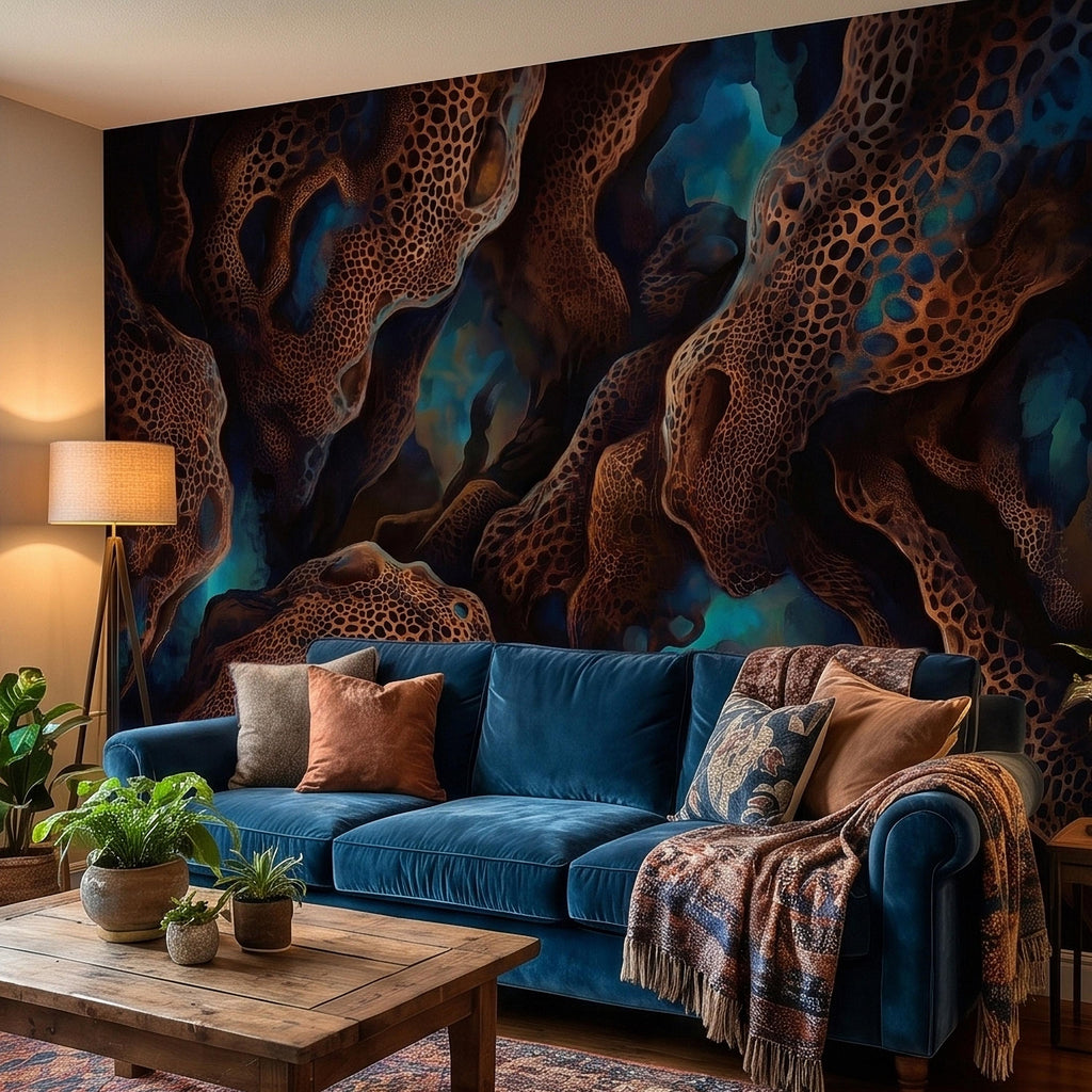 Abstract Cellular Copper Peel and Stick Wall Mural, Dark Teal Organic Coral Texture 3D Look, Modern Moody Wallpaper
