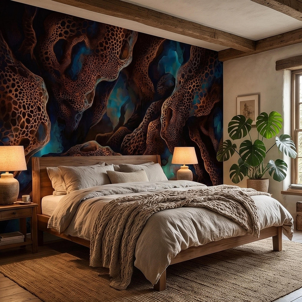 Abstract Cellular Copper Peel and Stick Wall Mural, Dark Teal Organic Coral Texture 3D Look, Modern Moody Wallpaper