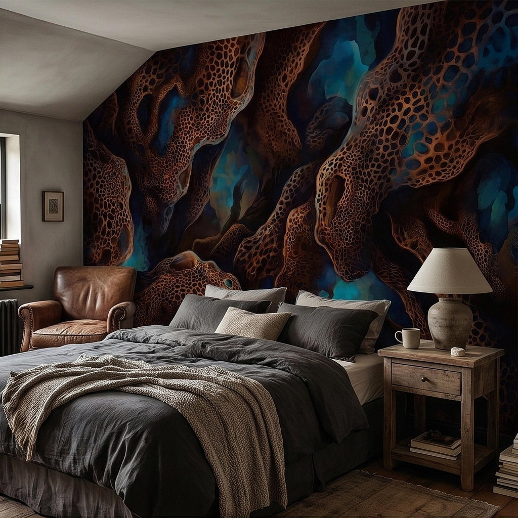 Abstract Cellular Copper Peel and Stick Wall Mural, Dark Teal Organic Coral Texture 3D Look, Modern Moody Wallpaper