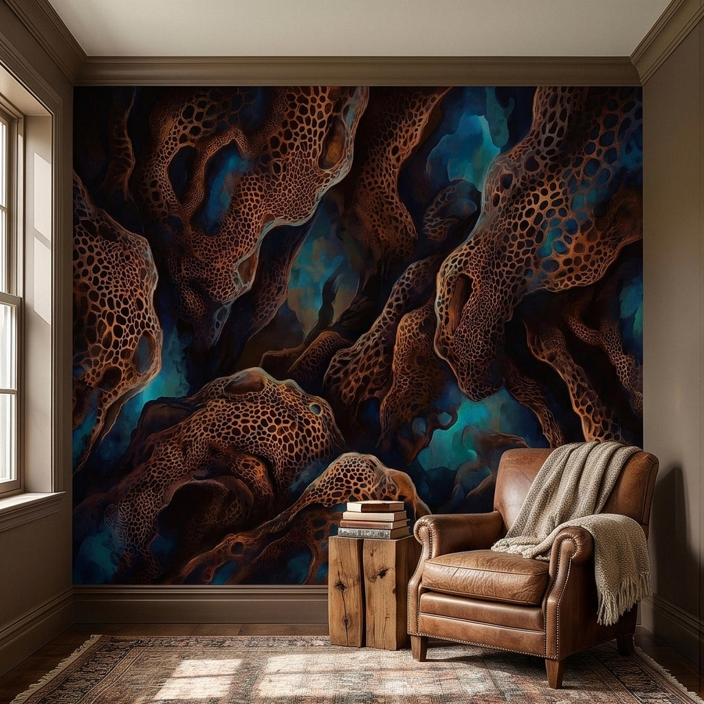 Abstract Cellular Copper Peel and Stick Wall Mural, Dark Teal Organic Coral Texture 3D Look, Modern Moody Wallpaper