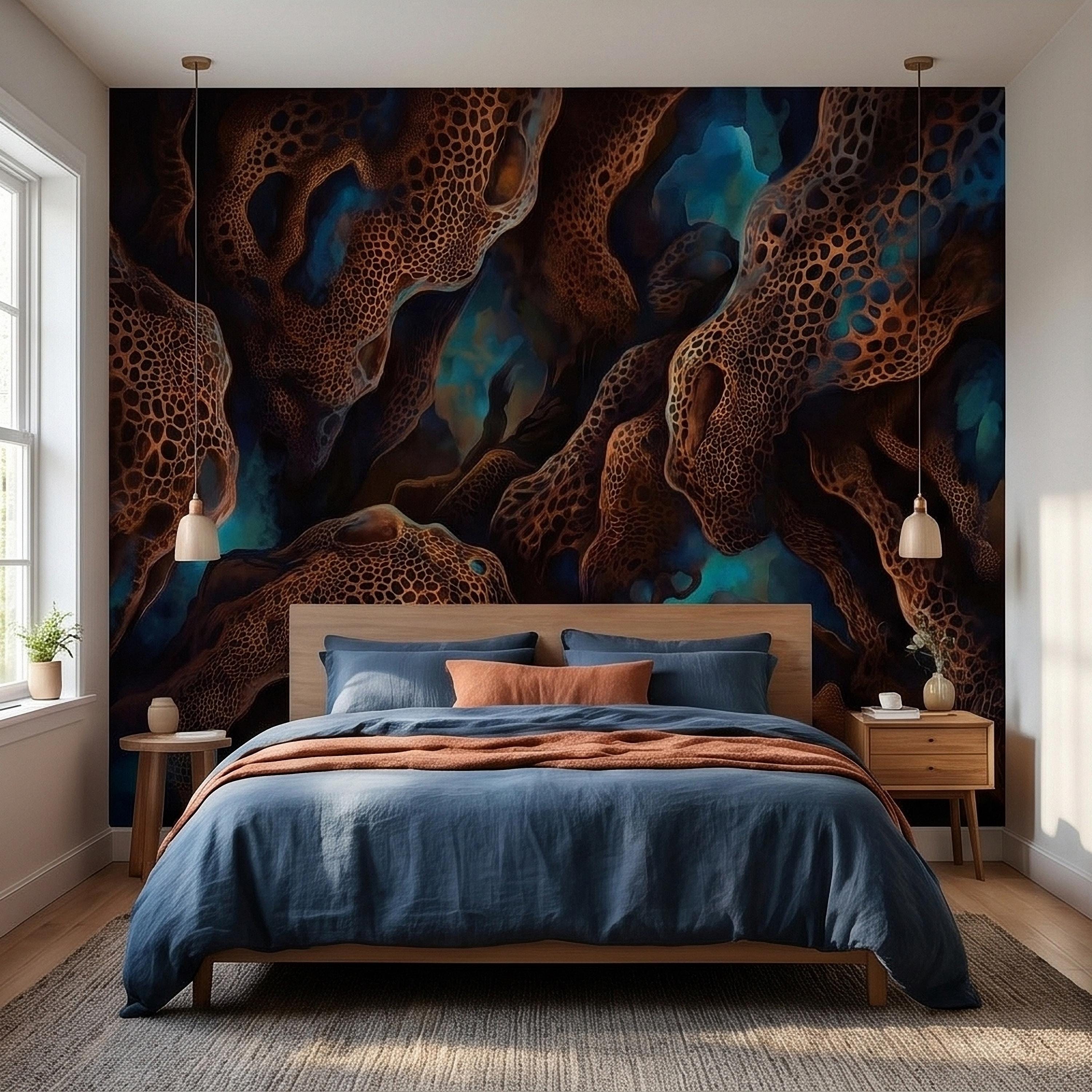 Abstract Cellular Copper Peel and Stick Wall Mural, Dark Teal Organic Coral Texture 3D Look, Modern Moody Wallpaper