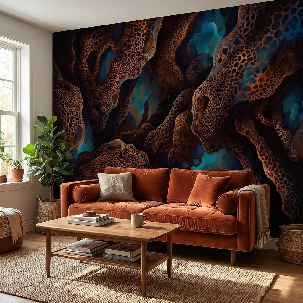 Abstract Cellular Copper Peel and Stick Wall Mural, Dark Teal Organic Coral Texture 3D Look, Modern Moody Wallpaper