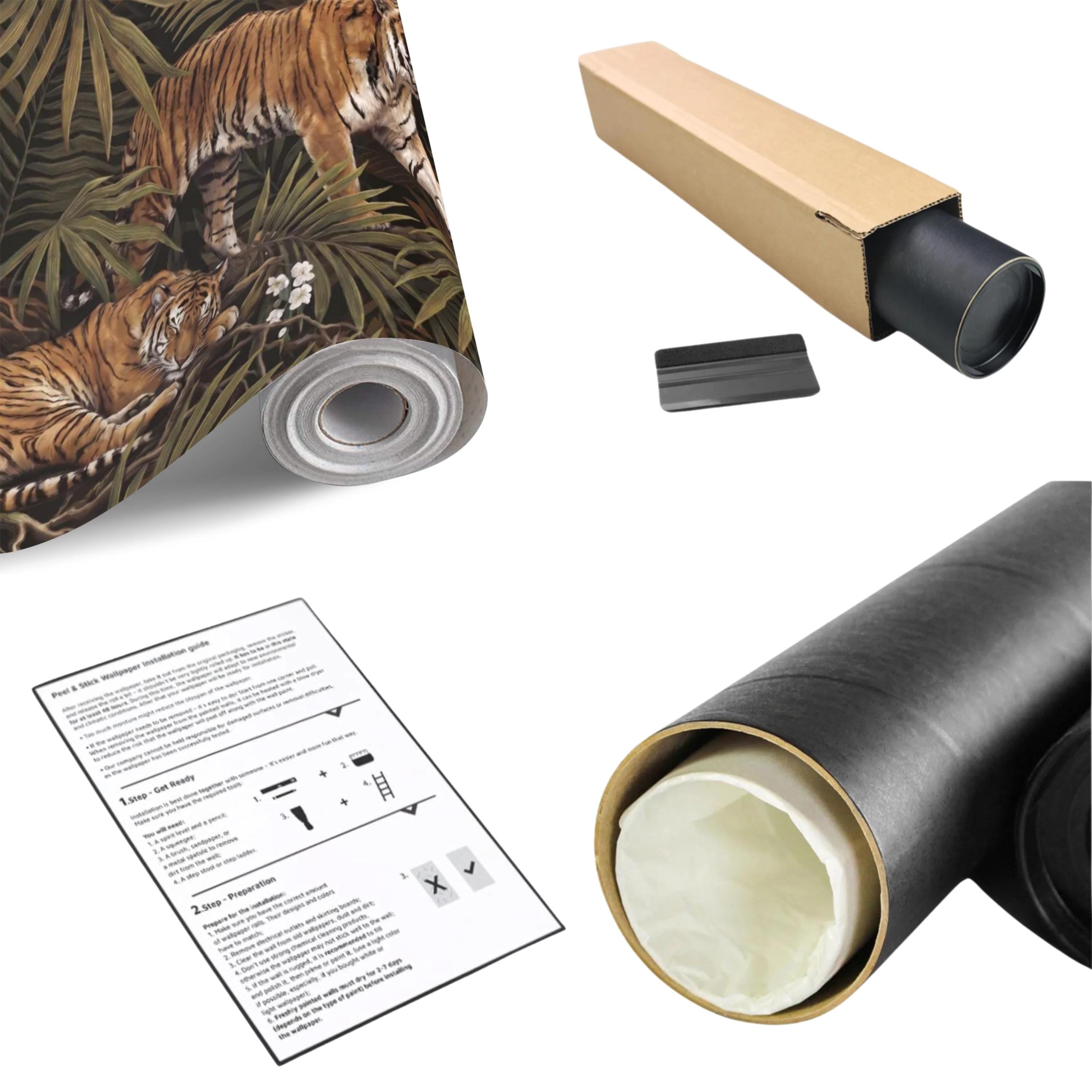 Tigers and Palm Leaves Peel and Stick Wall Mural, Dark Olive Jungle Botanical with White Blossoms Moody Noir Tropical Tiger Animal Wallpaper