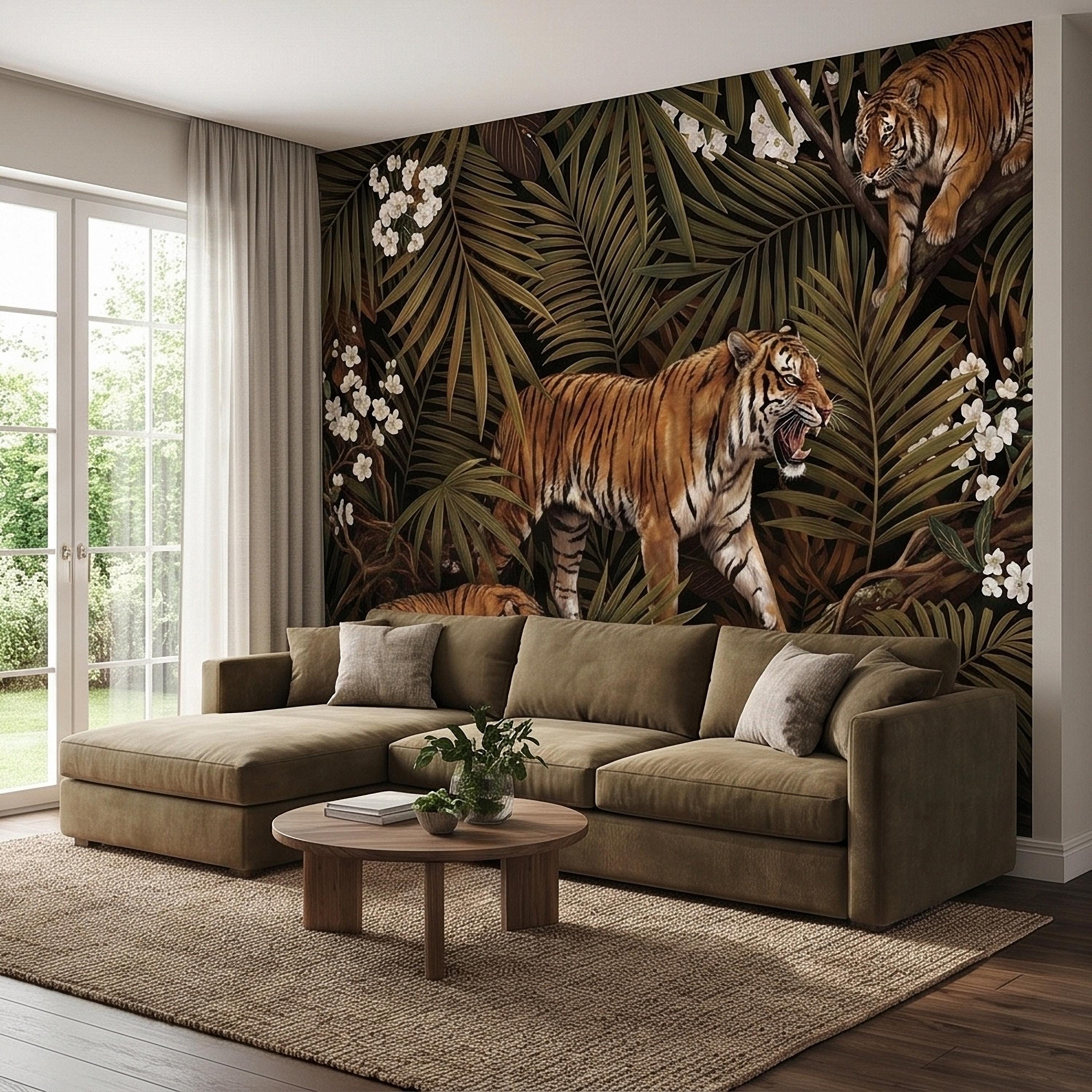 Tigers and Palm Leaves Peel and Stick Wall Mural, Dark Olive Jungle Botanical with White Blossoms Moody Noir Tropical Tiger Animal Wallpaper