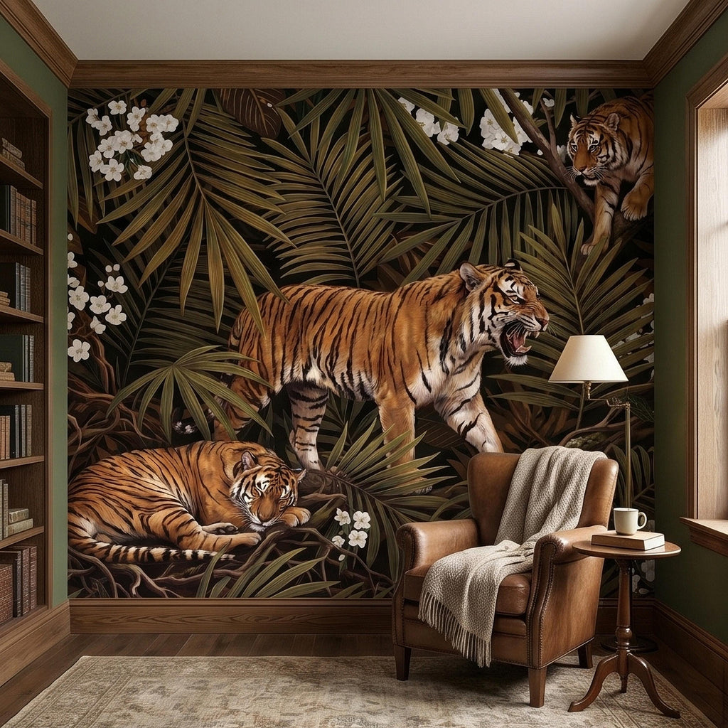 Tigers and Palm Leaves Peel and Stick Wall Mural, Dark Olive Jungle Botanical with White Blossoms Moody Noir Tropical Tiger Animal Wallpaper