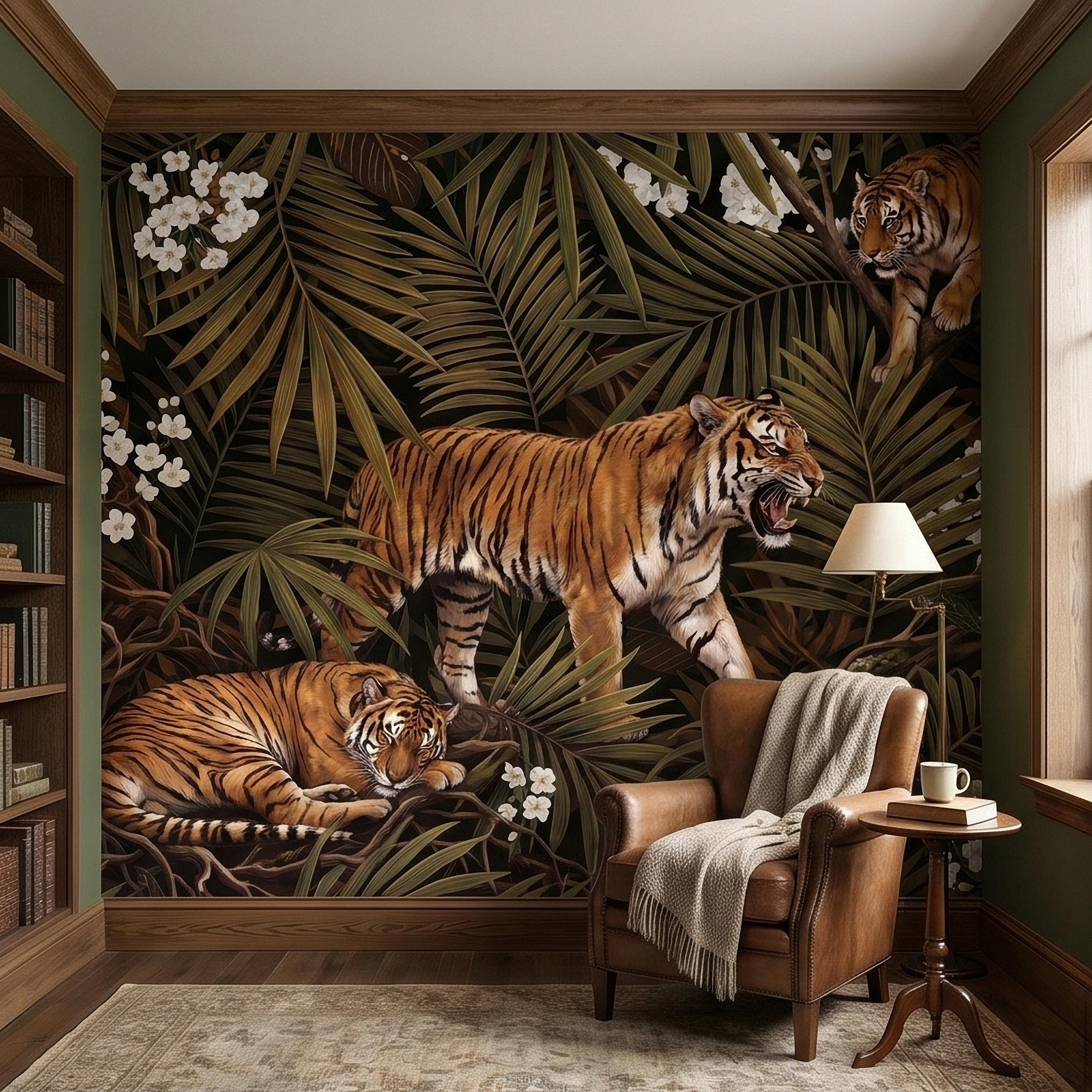 Tigers and Palm Leaves Peel and Stick Wall Mural, Dark Olive Jungle Botanical with White Blossoms Moody Noir Tropical Tiger Animal Wallpaper