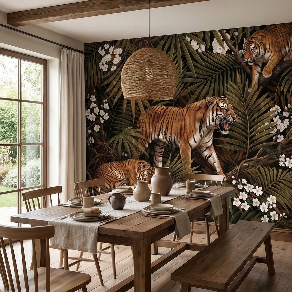 Tigers and Palm Leaves Peel and Stick Wall Mural, Dark Olive Jungle Botanical with White Blossoms Moody Noir Tropical Tiger Animal Wallpaper