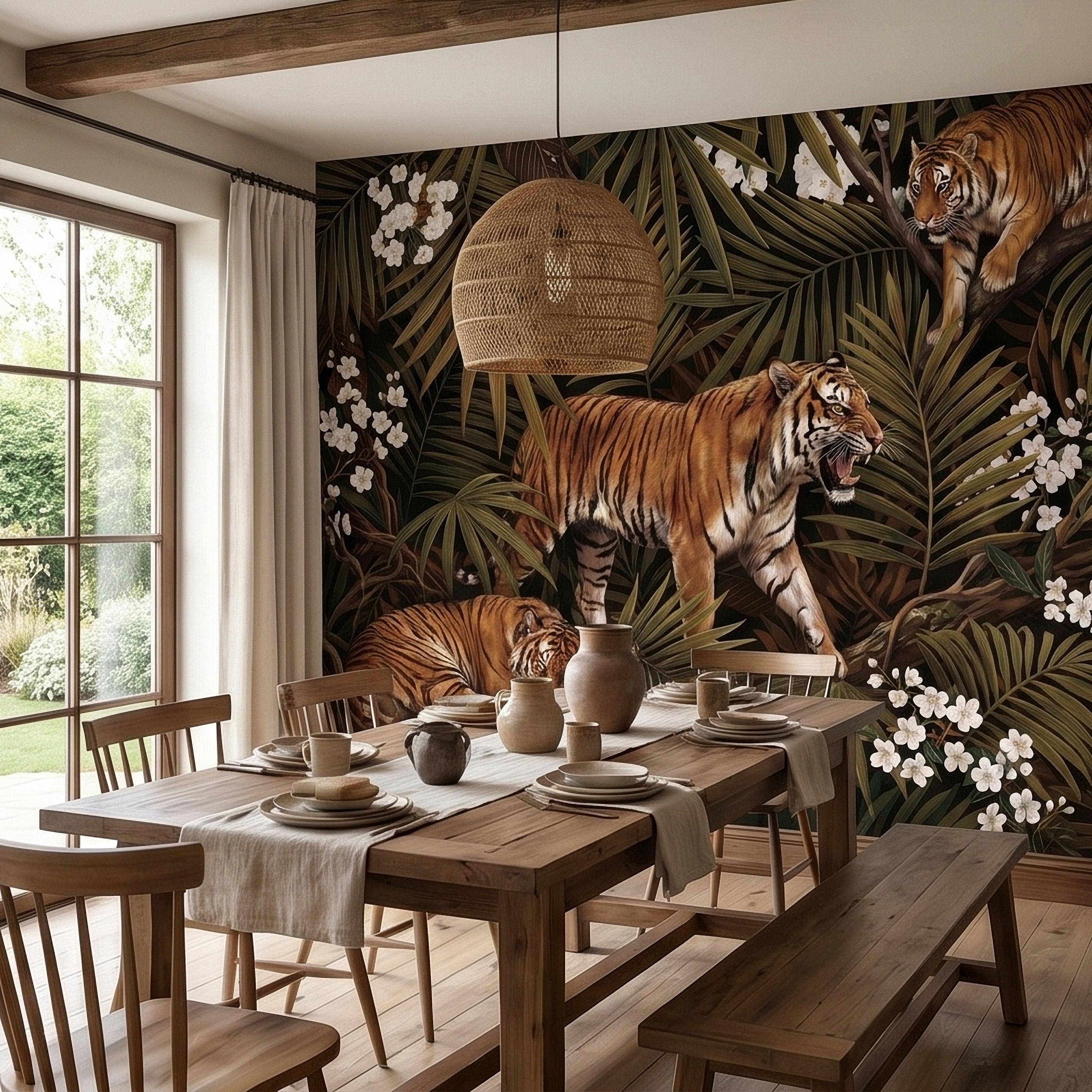Tigers and Palm Leaves Peel and Stick Wall Mural, Dark Olive Jungle Botanical with White Blossoms Moody Noir Tropical Tiger Animal Wallpaper
